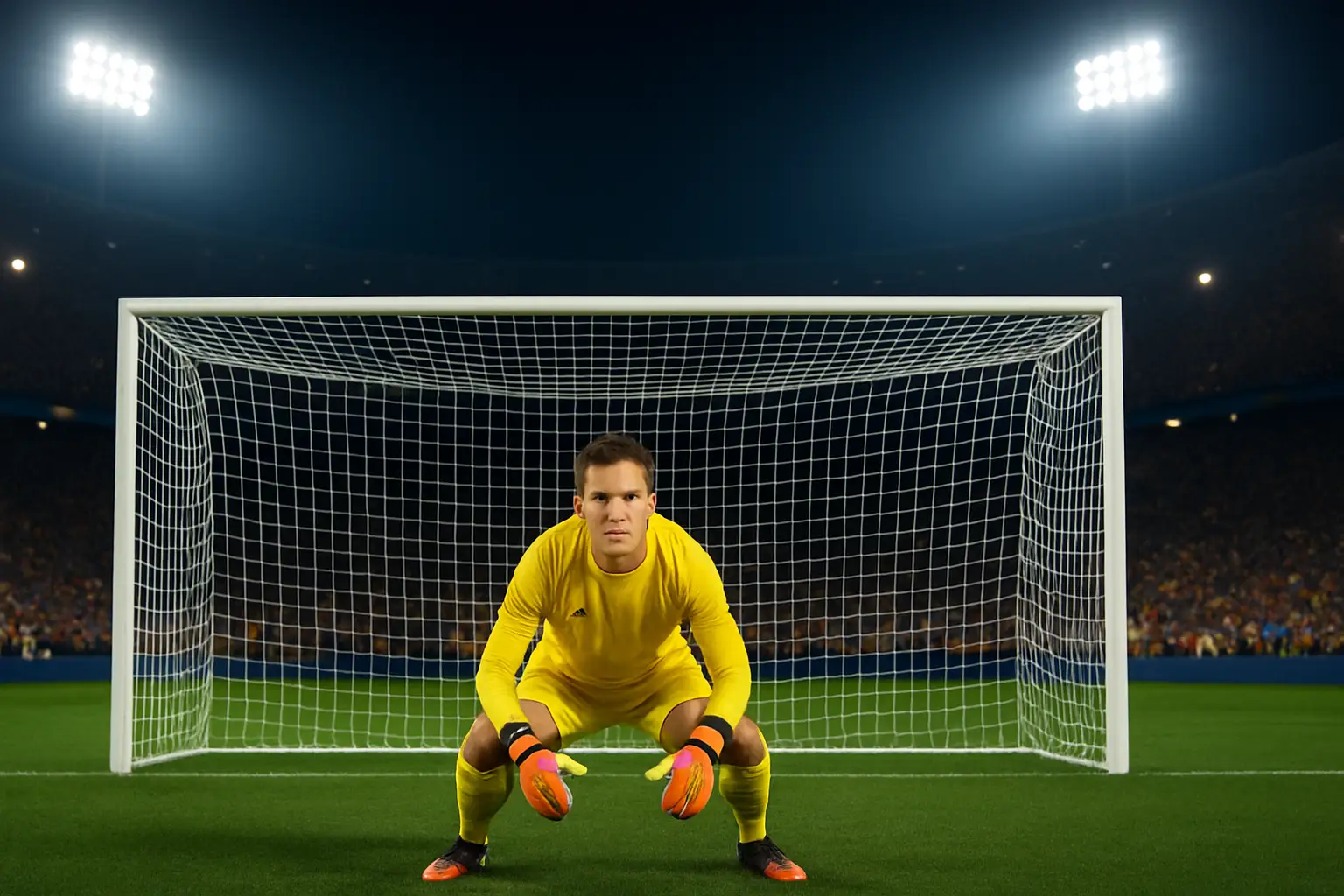 A goalkeeper in red preparing to defend a goal during a major international football match in a packed stadium