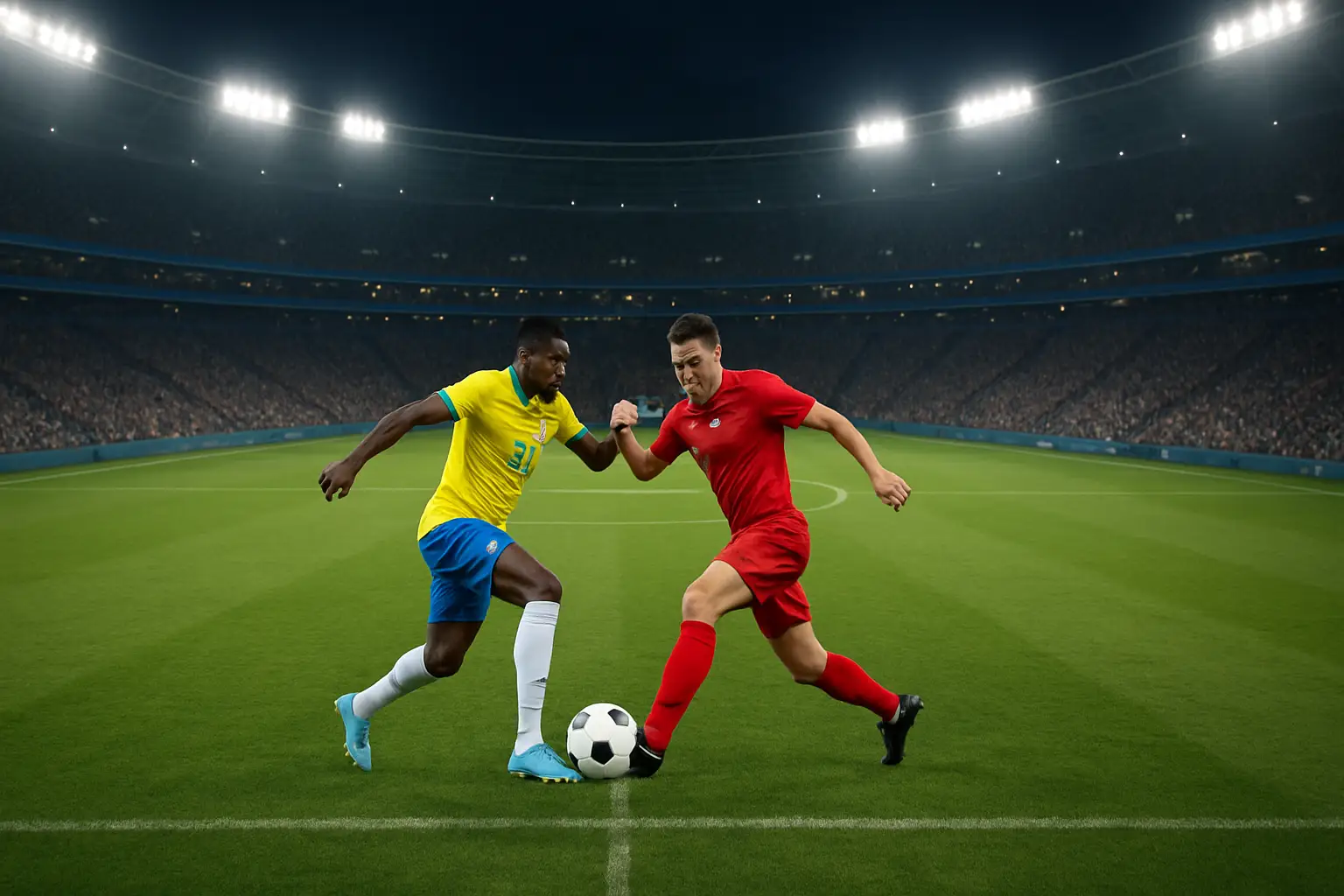 Canada and Morocco football players competing for the ball on a World Cup pitch