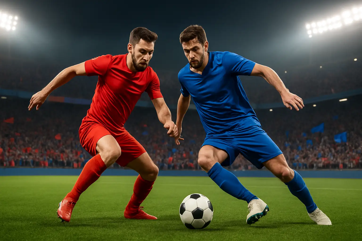 Footballers from two national teams competing on a large stadium pitch during a World Cup group stage match