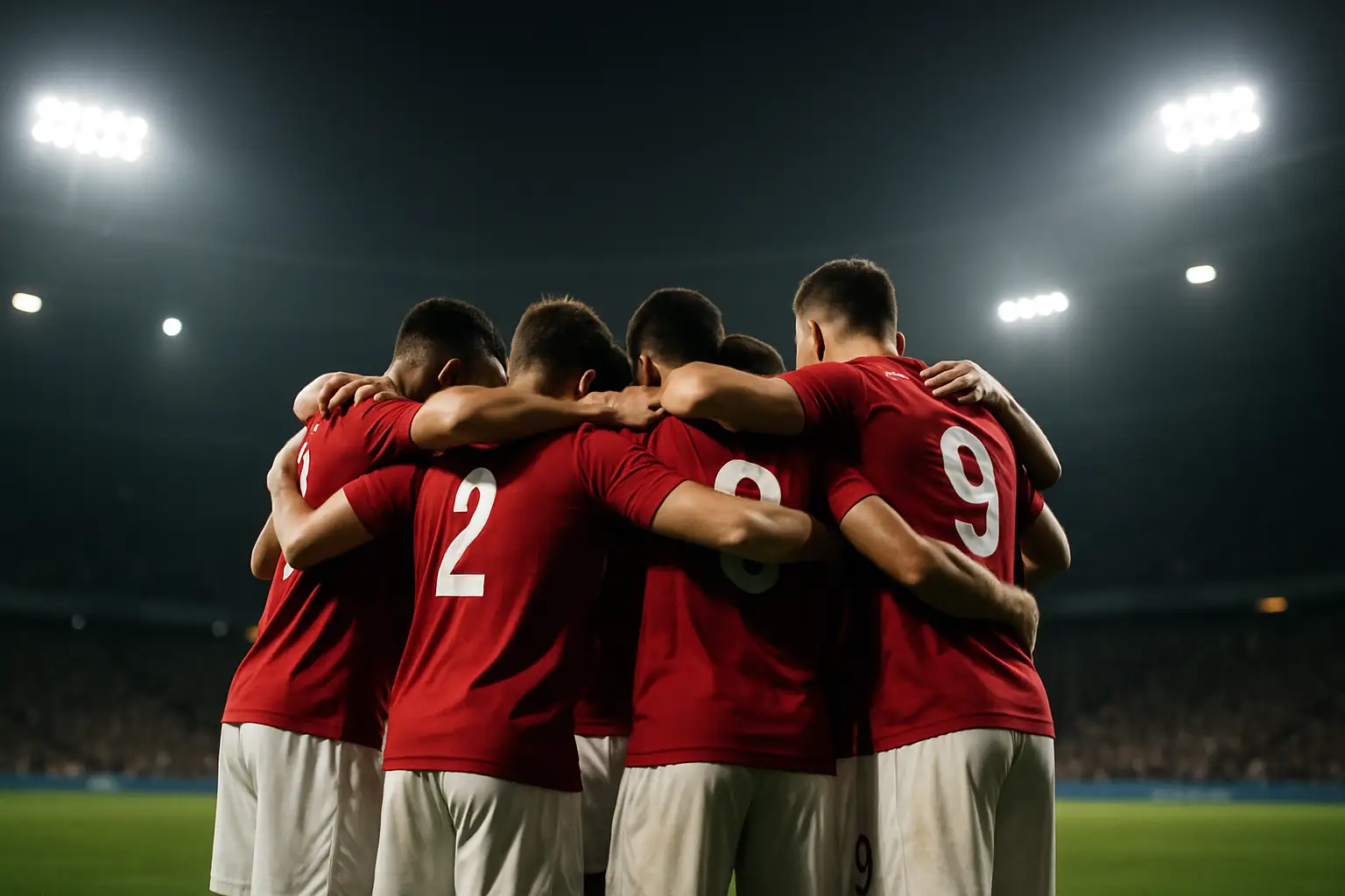 Canada national football team players gathered on the pitch during a tense World Cup match