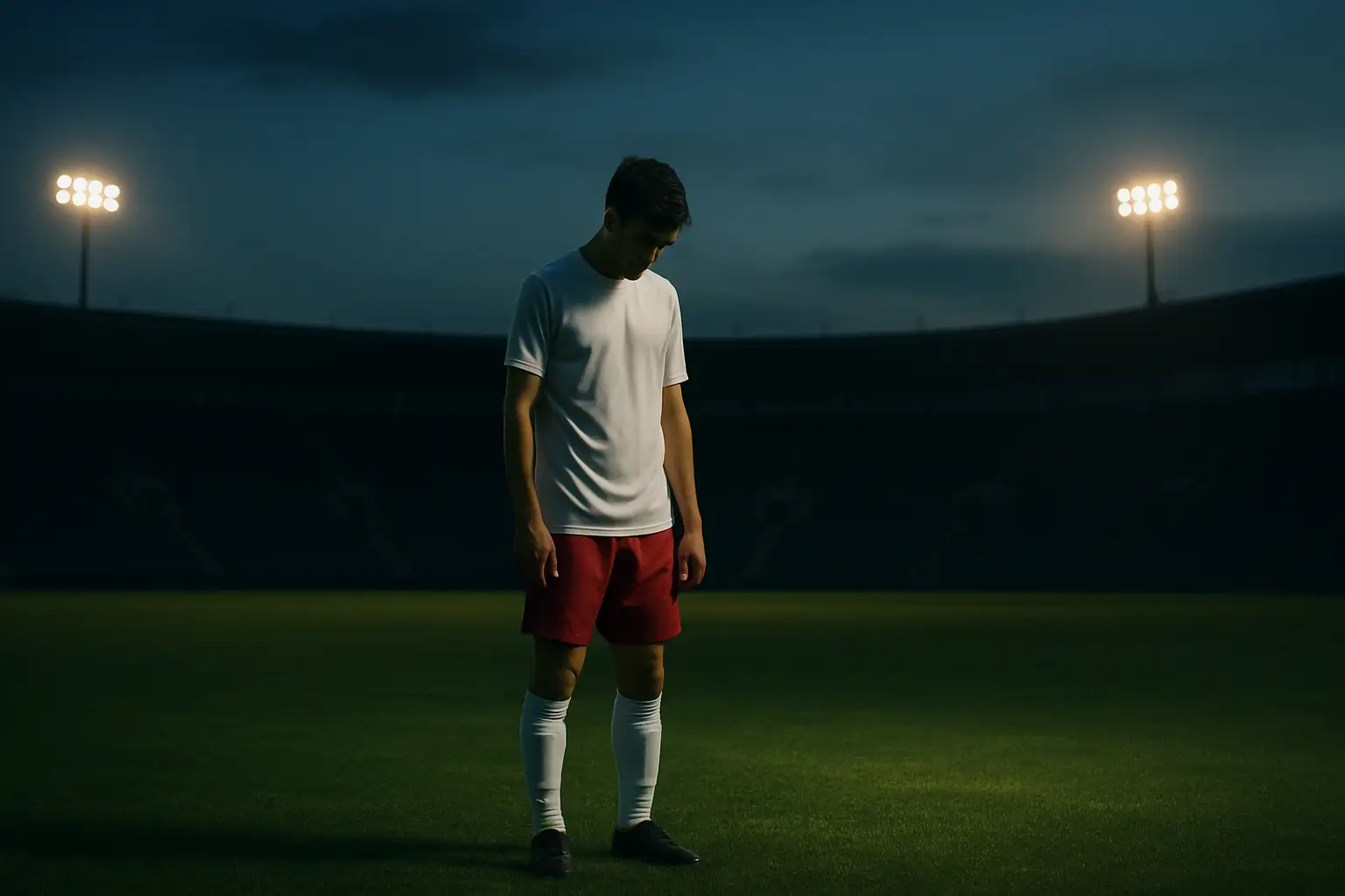 A footballer standing alone on a pitch, head bowed in a moment of quiet reflection after a match