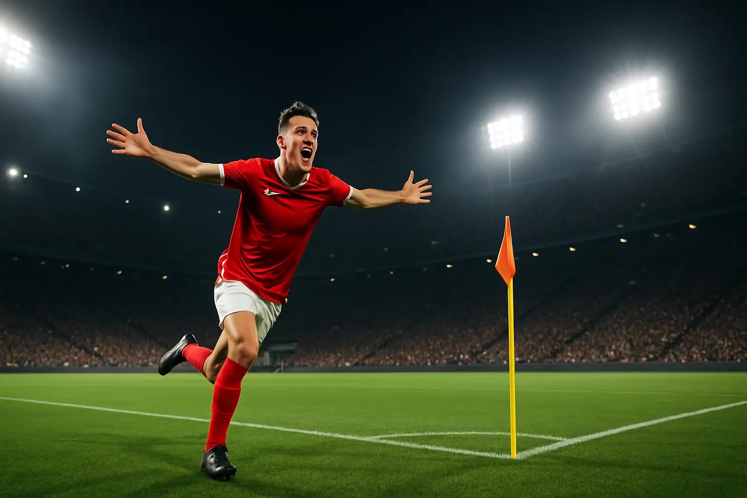 A footballer celebrating a goal in a packed World Cup stadium