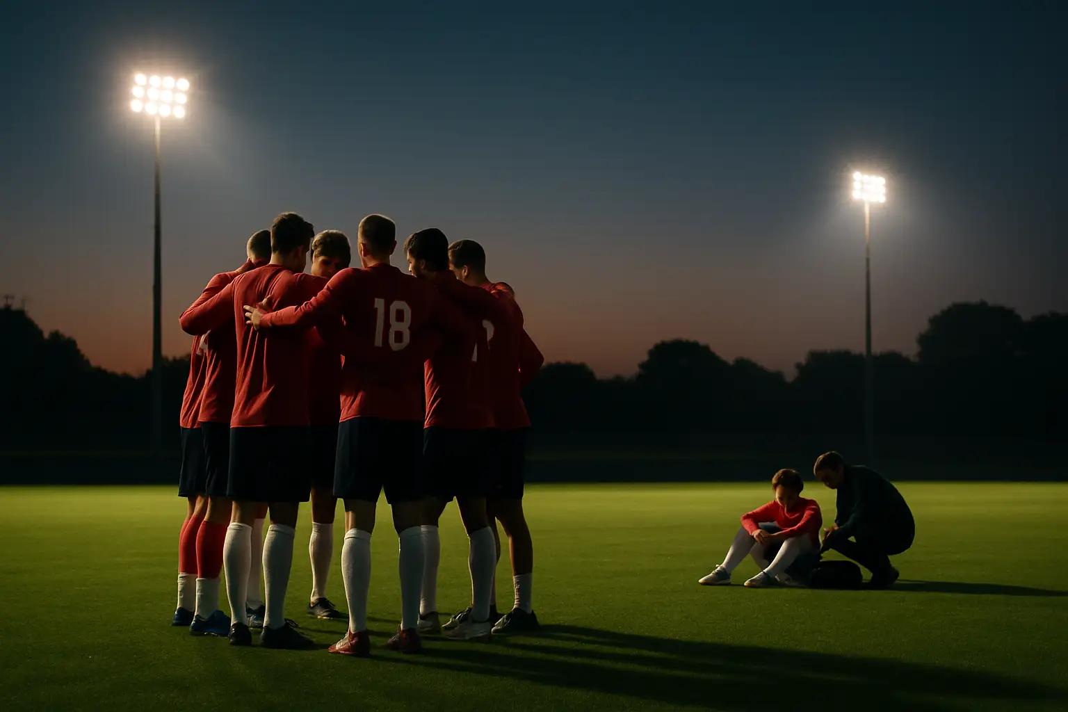 Canadian football players training on a green pitch under stadium lights