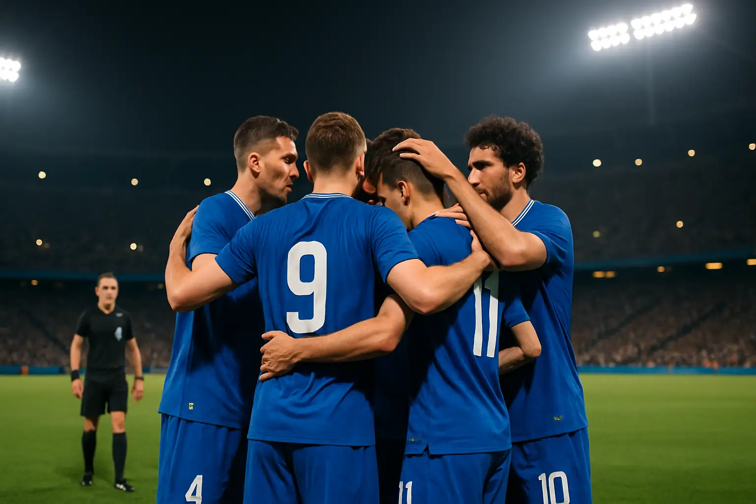 Football players in blue jerseys preparing for kickoff on a floodlit stadium pitch