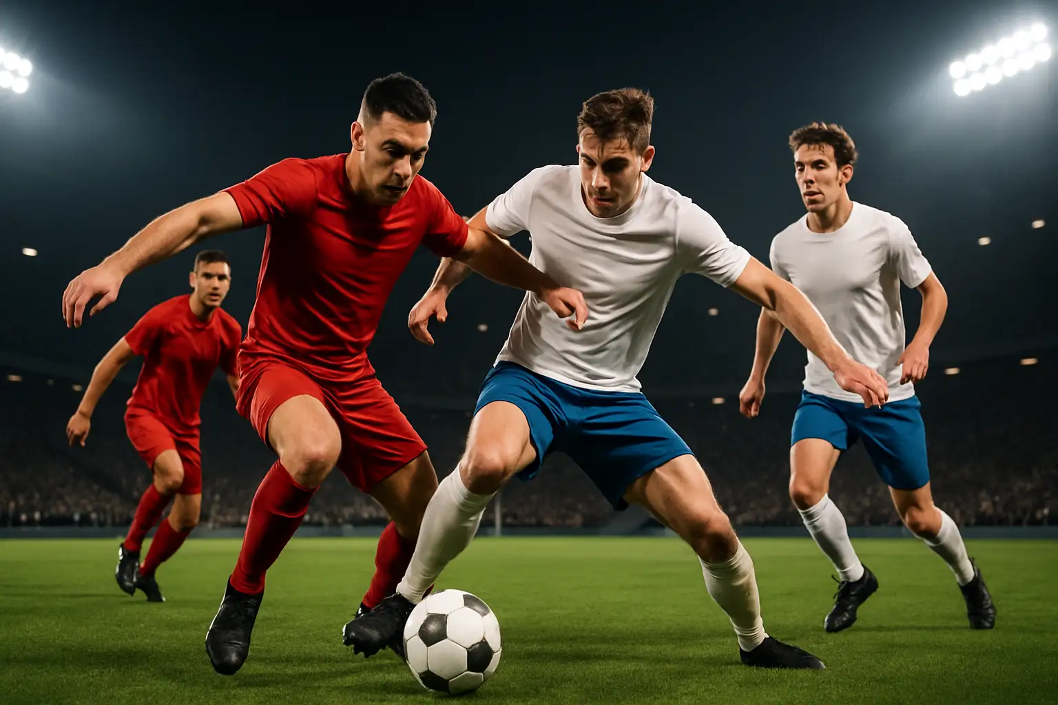 Football players from two international teams competing on the pitch during a World Cup match