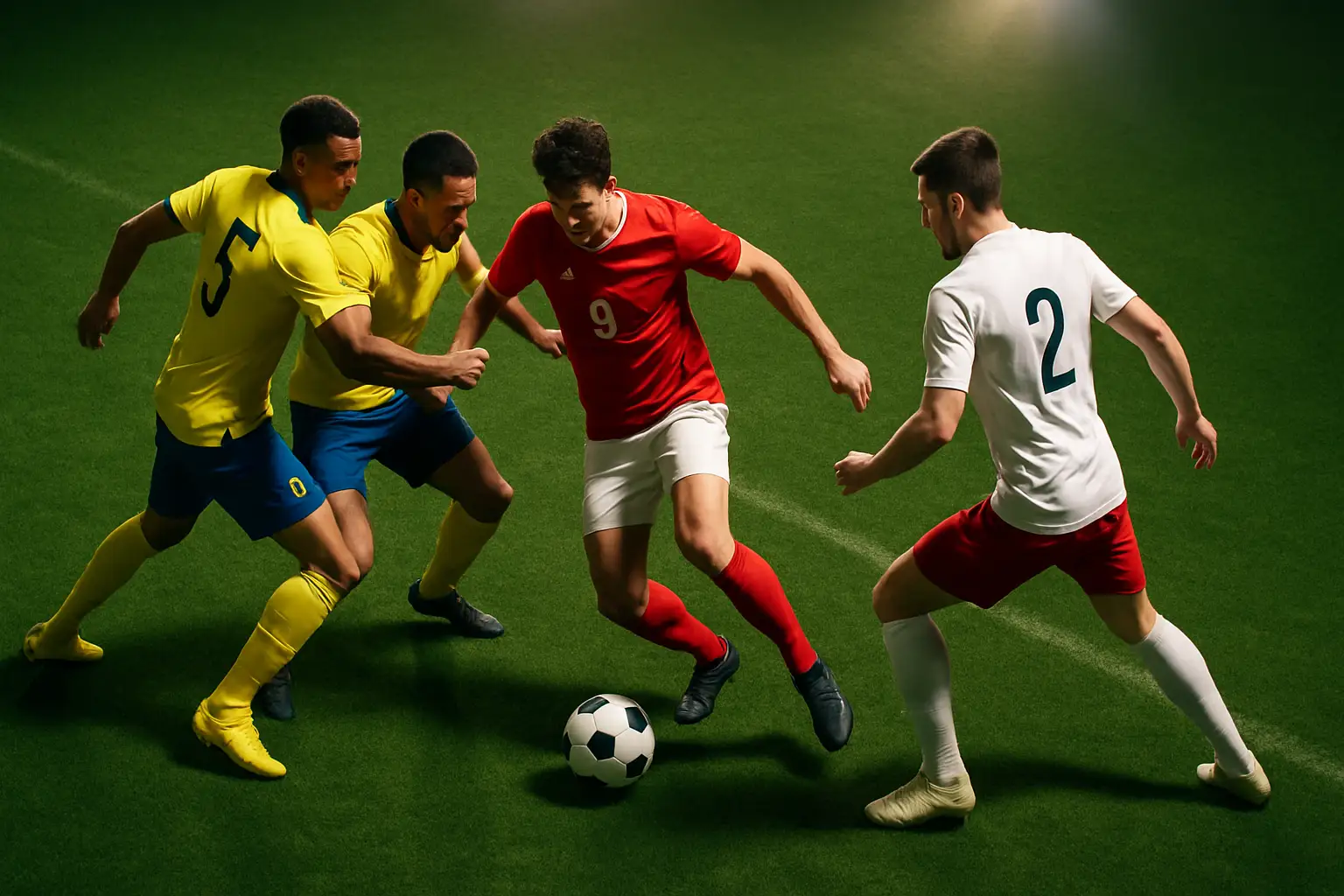 Football players from two international teams competing on a pitch during a World Cup qualifying match
