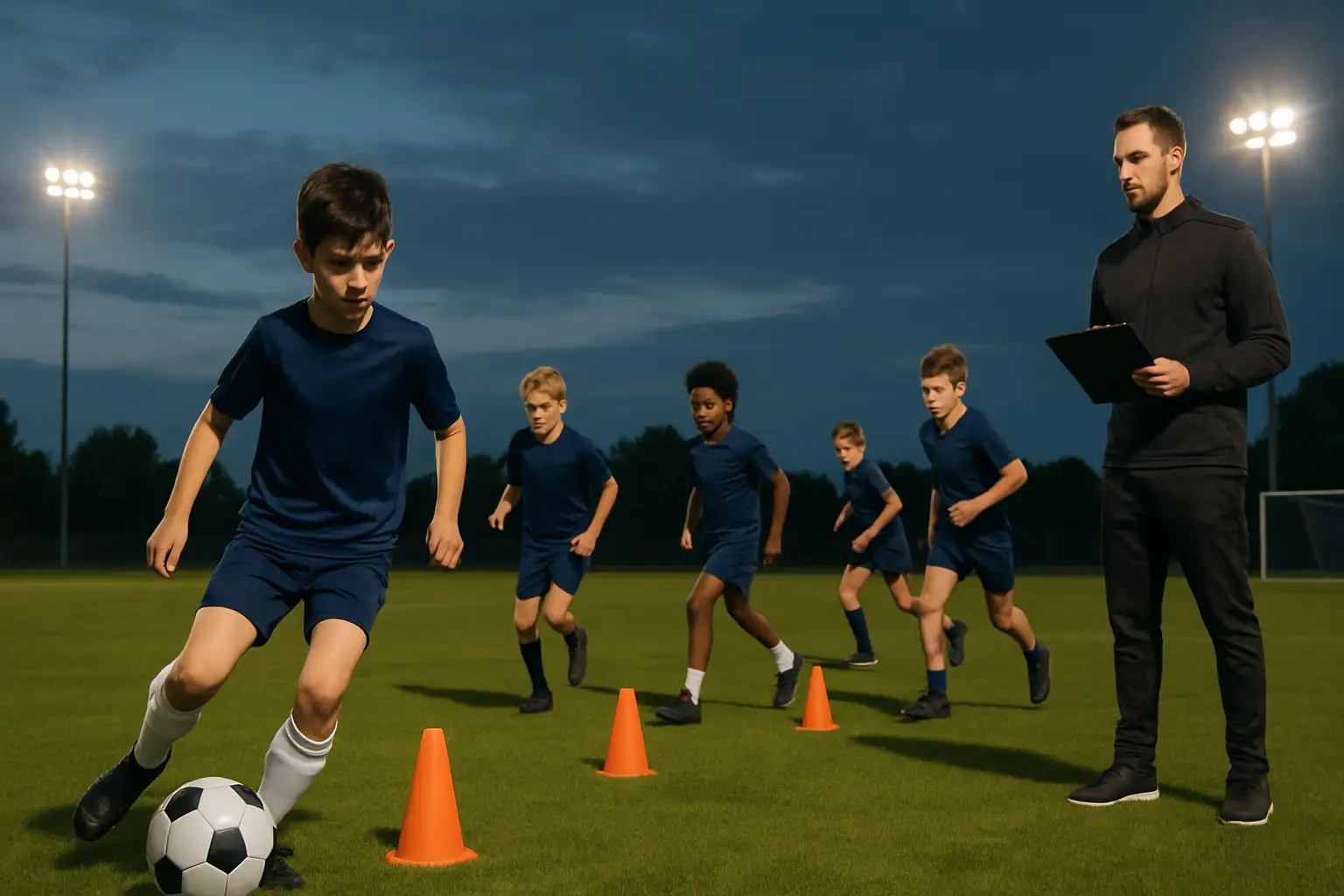 Young football players training on a green pitch under bright stadium lights while a coach watches from the sideline with a clipboard