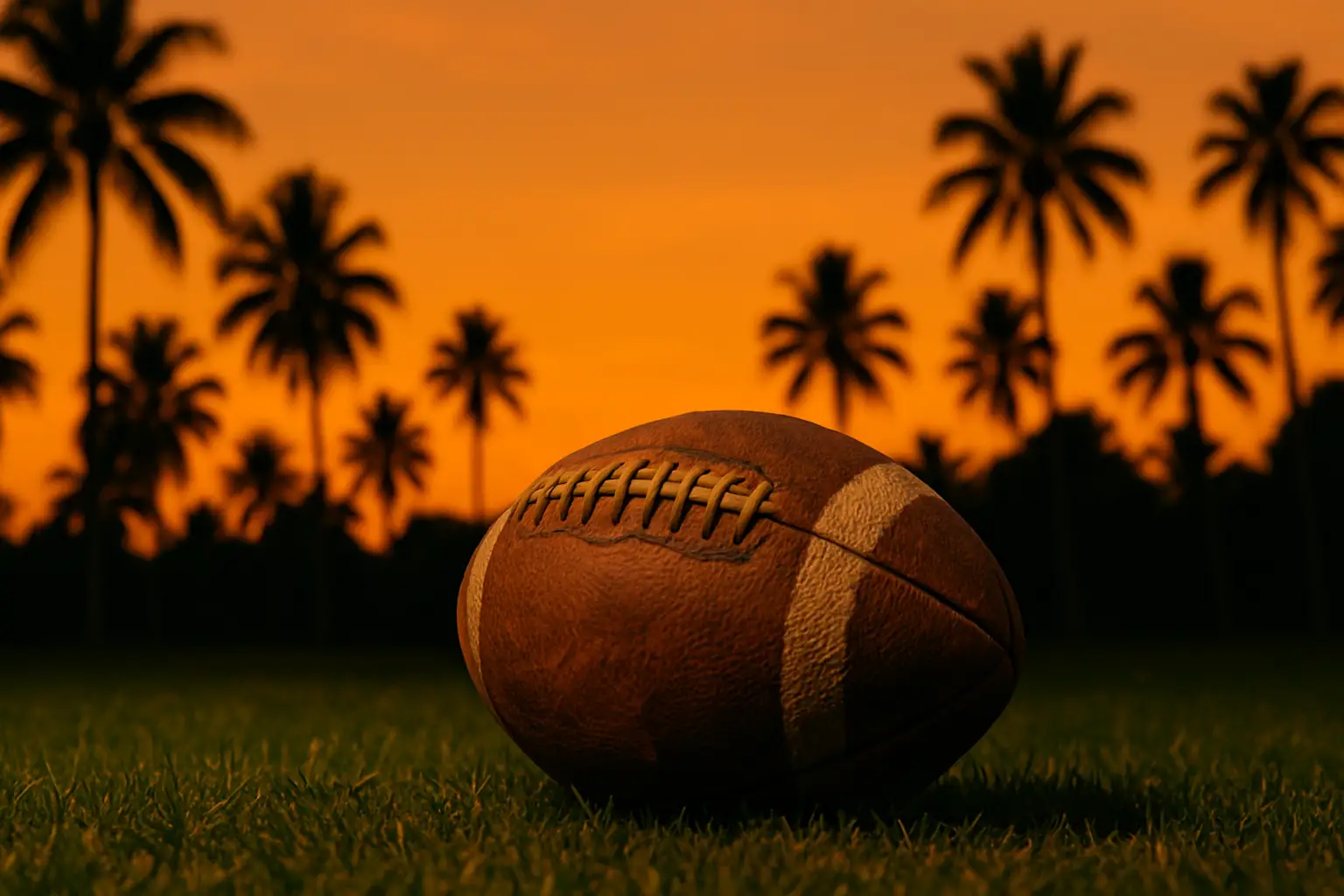 A football resting on green grass with Caribbean-themed colors in the background