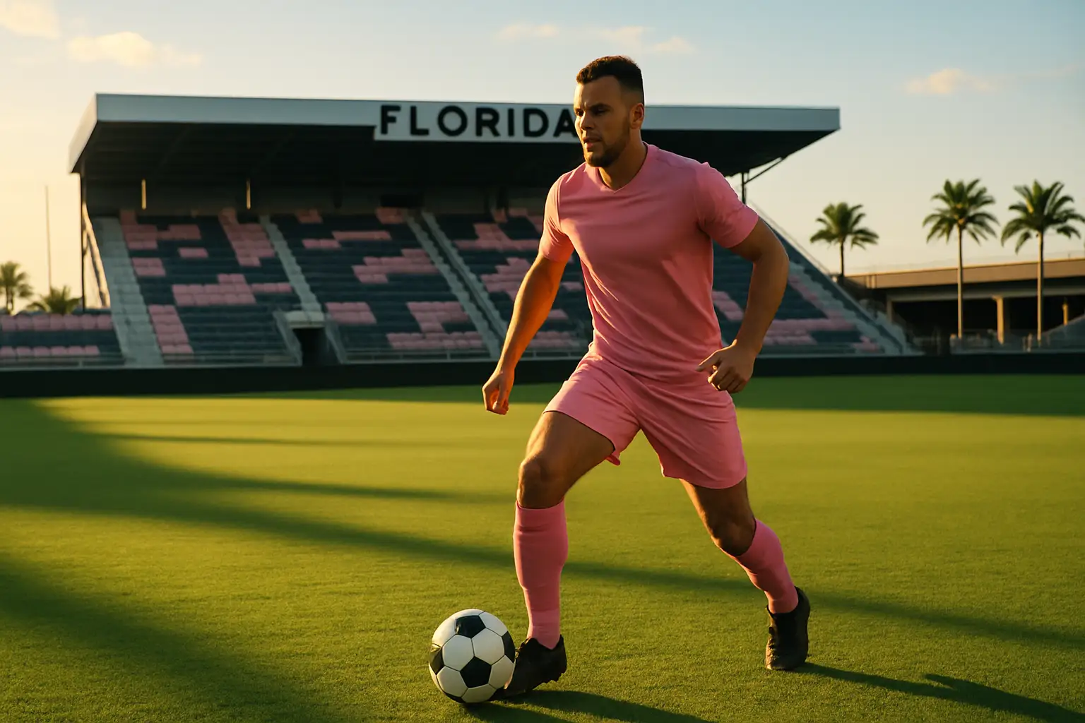 A soccer midfielder in a pink Inter Miami kit preparing to pass the ball on a sunlit pitch