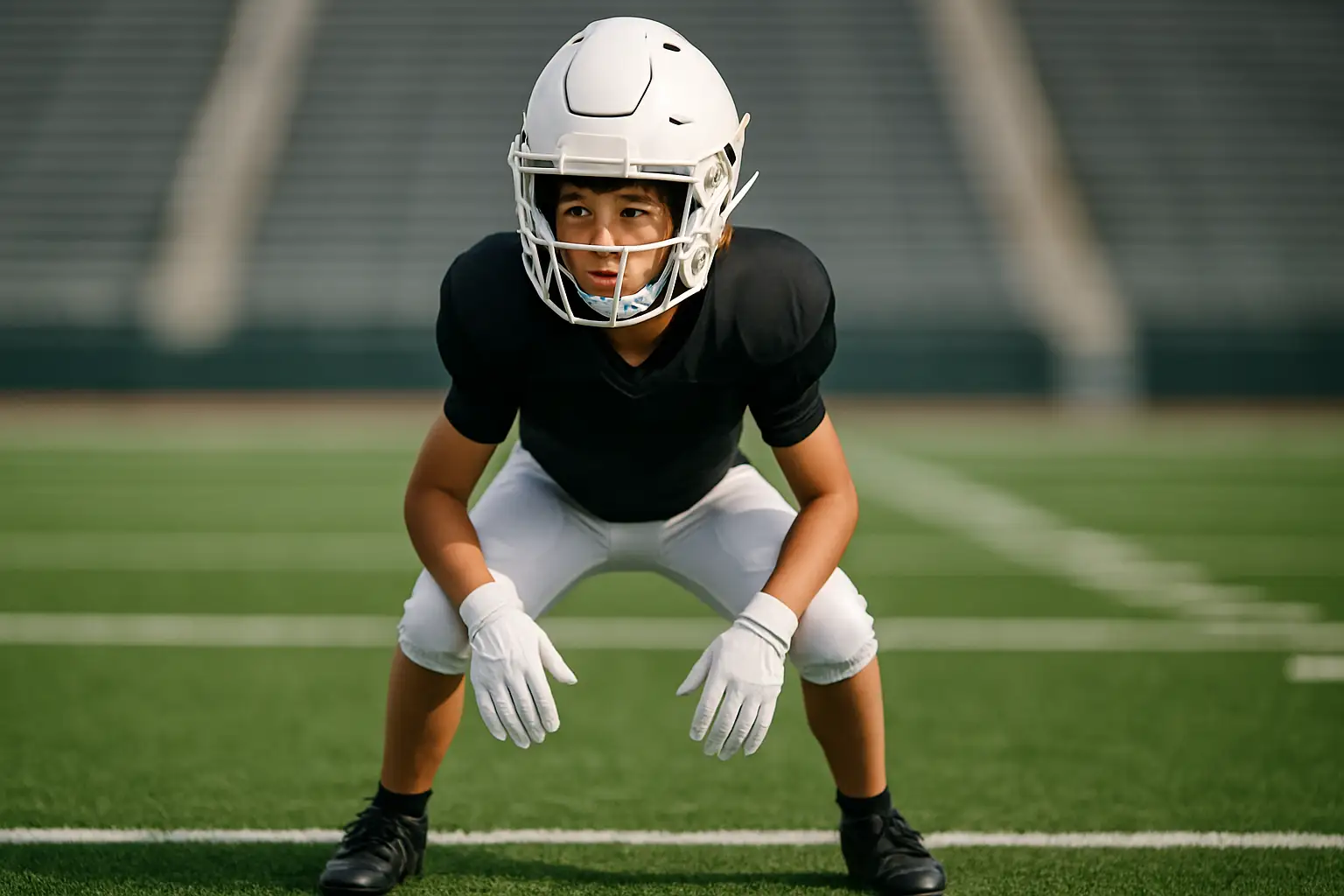 A football player in a defensive back stance on a college football field during a recruiting visit