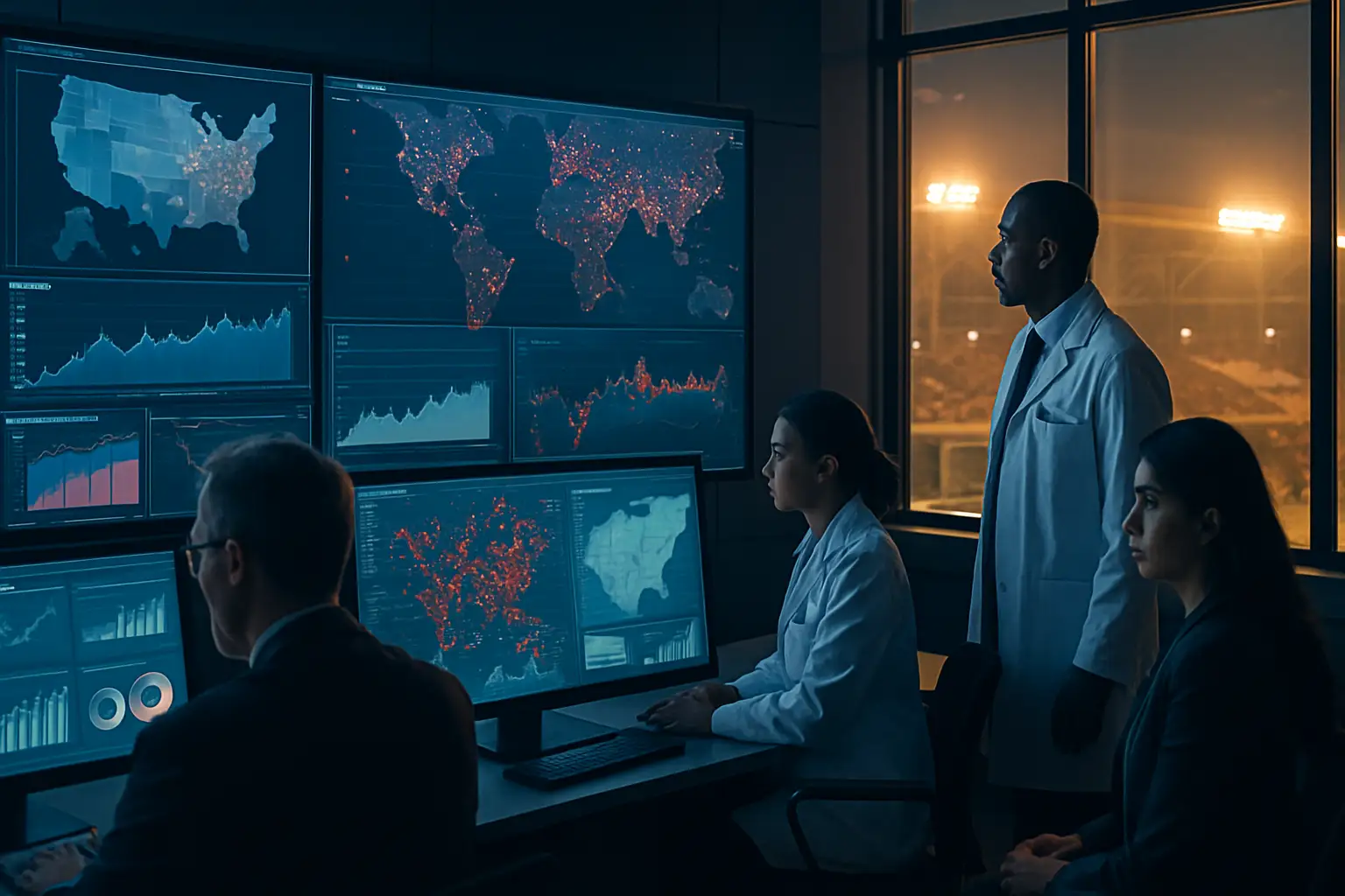 Public health officials monitoring data screens at a large sporting event operations center