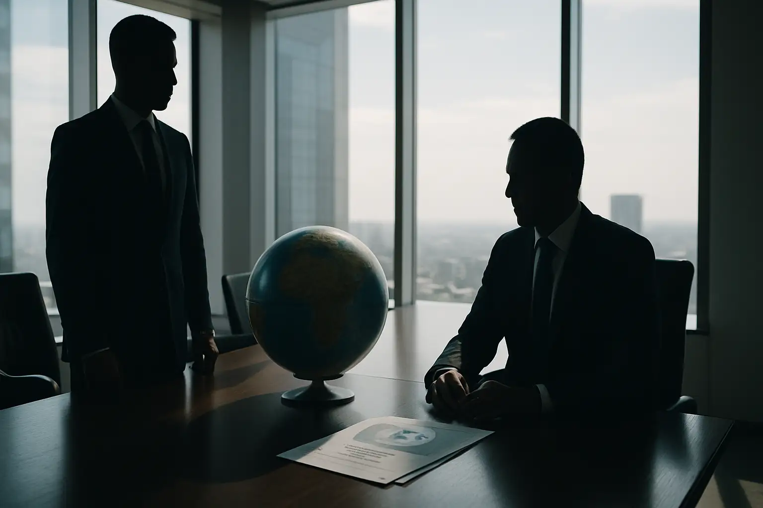 Two football administrators in suits facing each other across a boardroom table with a globe in the background