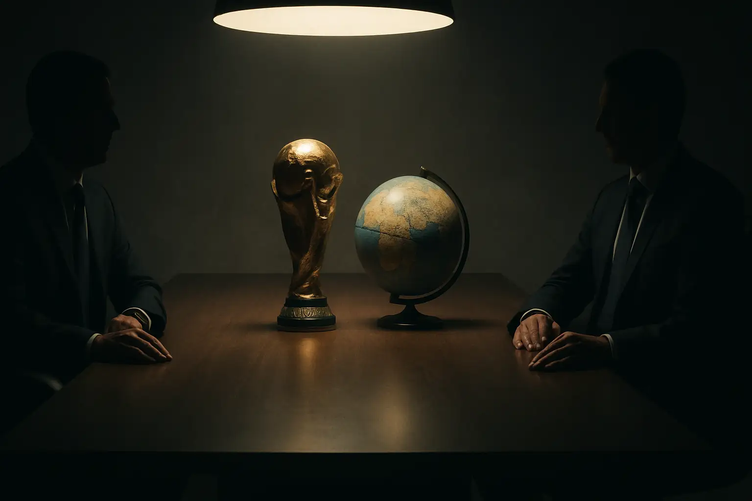 Two football officials facing each other across a negotiating table with a globe and trophy between them