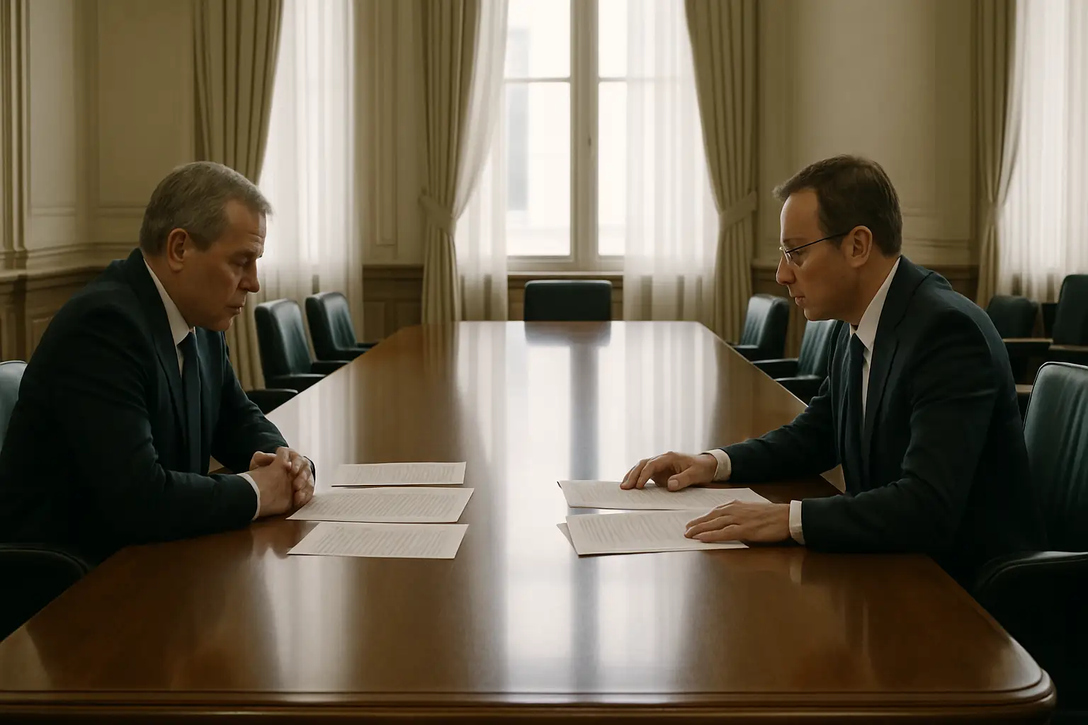 Football governing body officials in a tense meeting inside a formal conference room