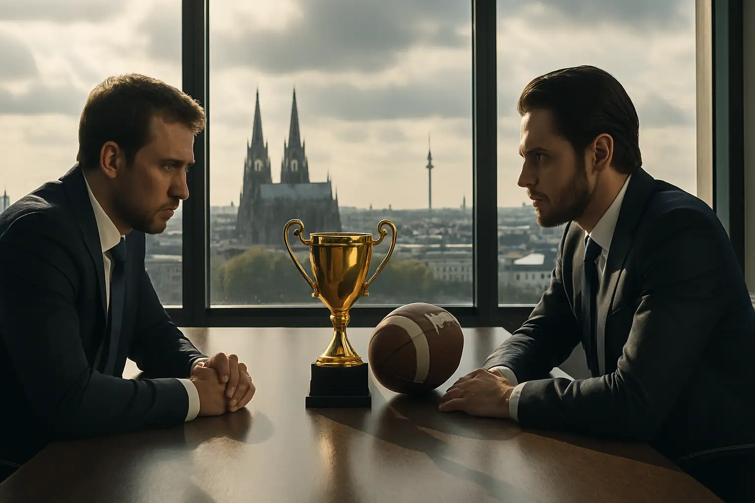 Two football officials facing each other across a negotiating table with a globe and football trophy between them