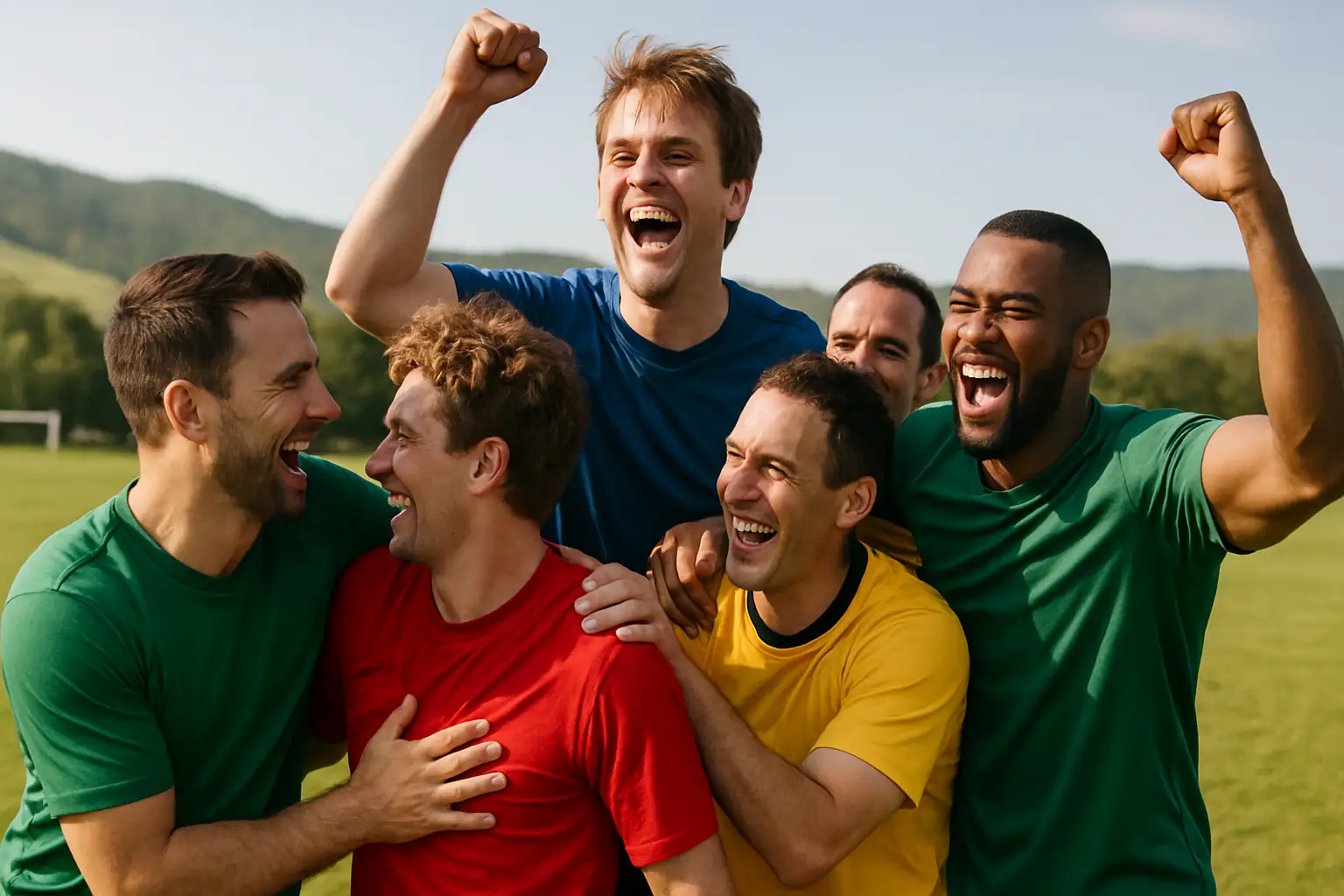 Football players on a regional NSW pitch celebrating a team achievement