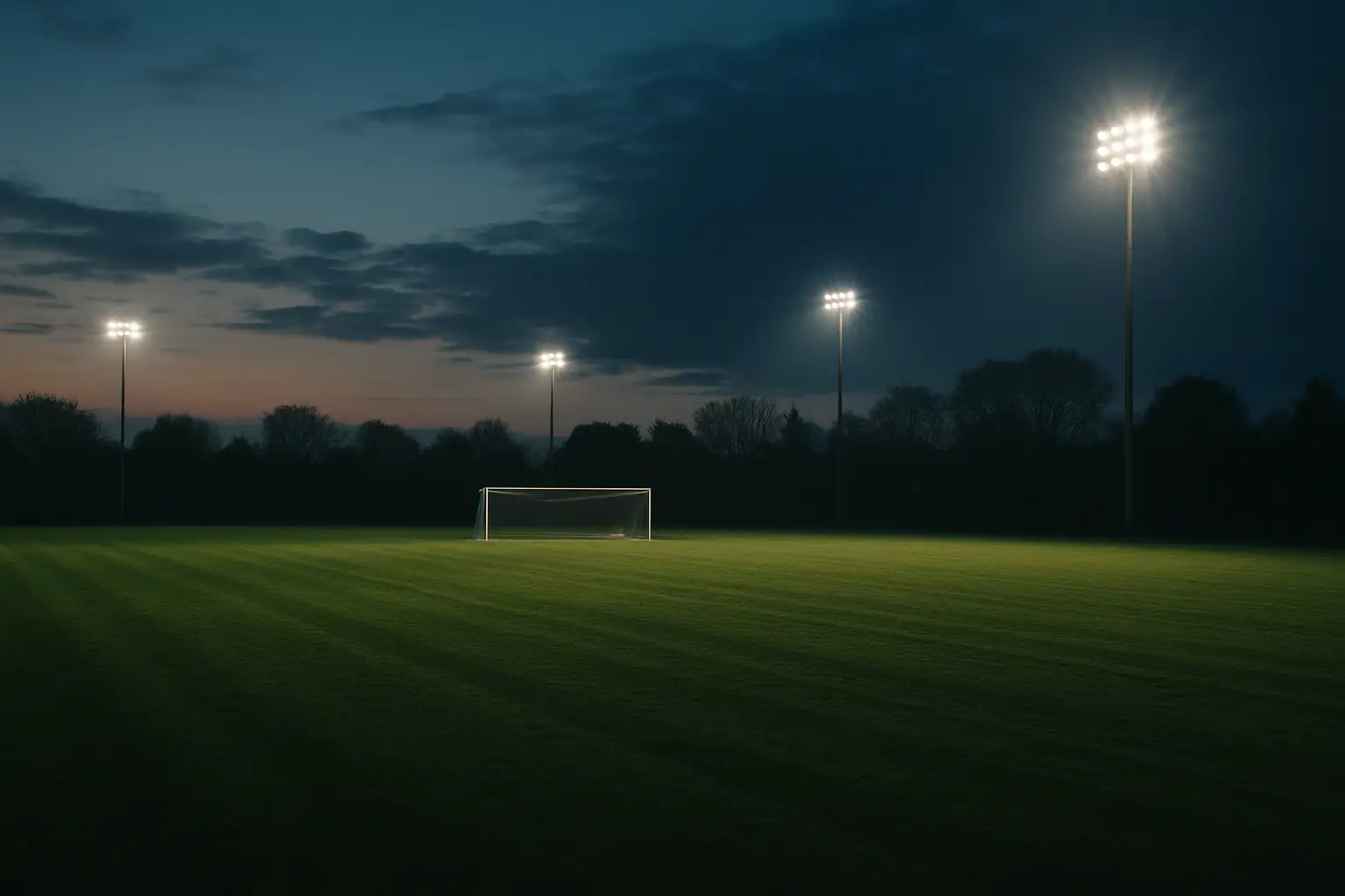 Empty football pitch at dusk with goal posts and stadium lights partially illuminated