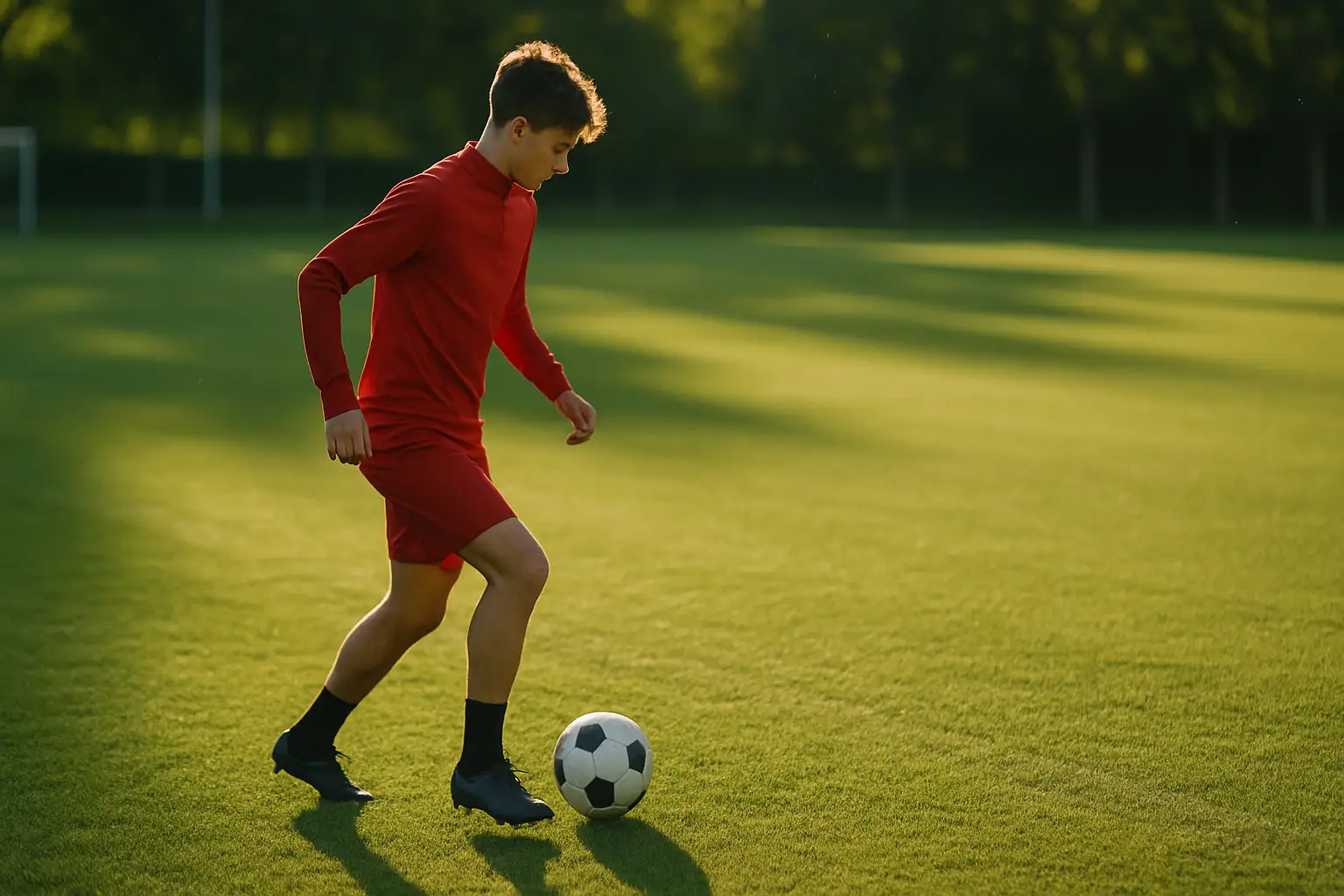 Arsenal teenager Myles Lewis-Skelly represented by a young footballer in red training gear on a green pitch