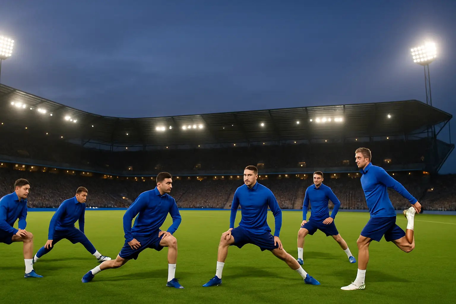 Chelsea football players warming up on a pitch under floodlights with a packed stadium in the background