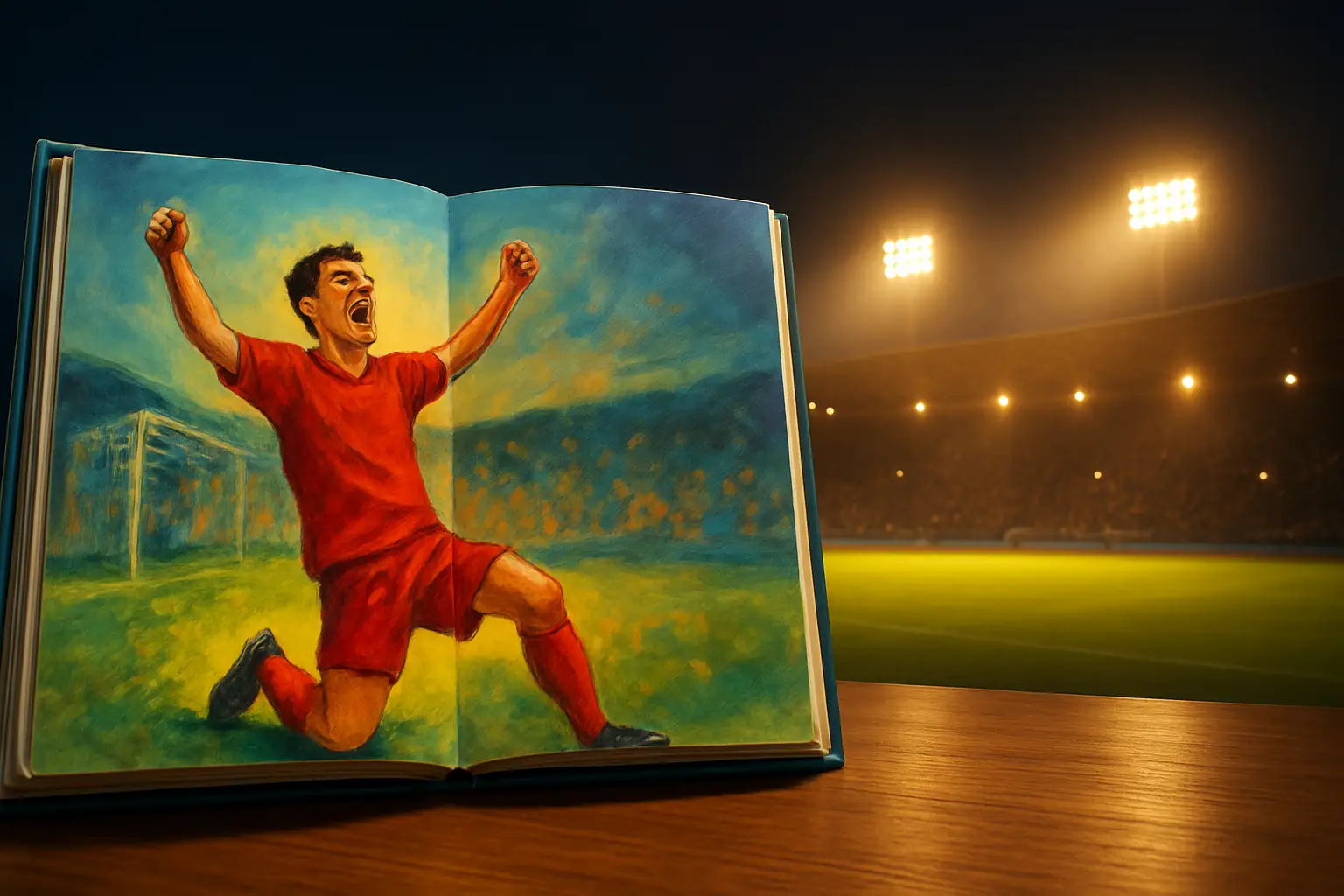 Illustration of a footballer scoring a dramatic goal in a packed stadium