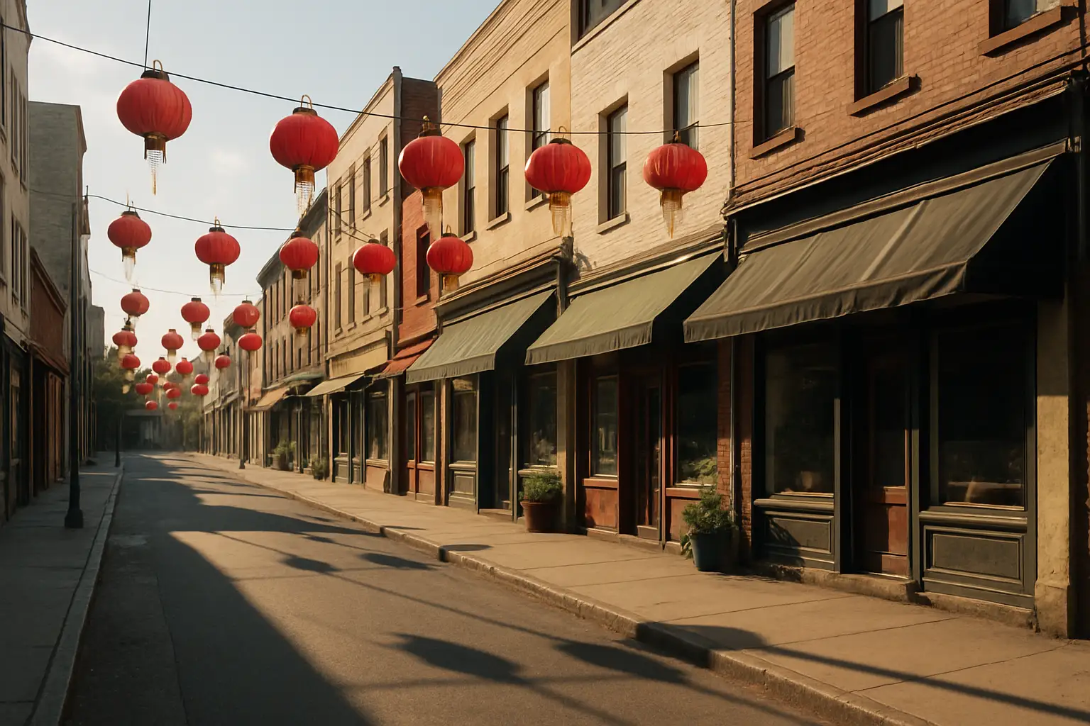 Empty storefront on a Chinatown street with colorful signage and quiet sidewalks during a major city event