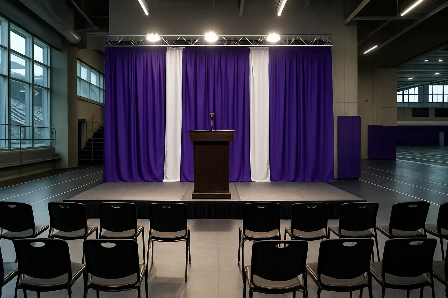 New head coach greeted at a university football press conference with team branding in the background