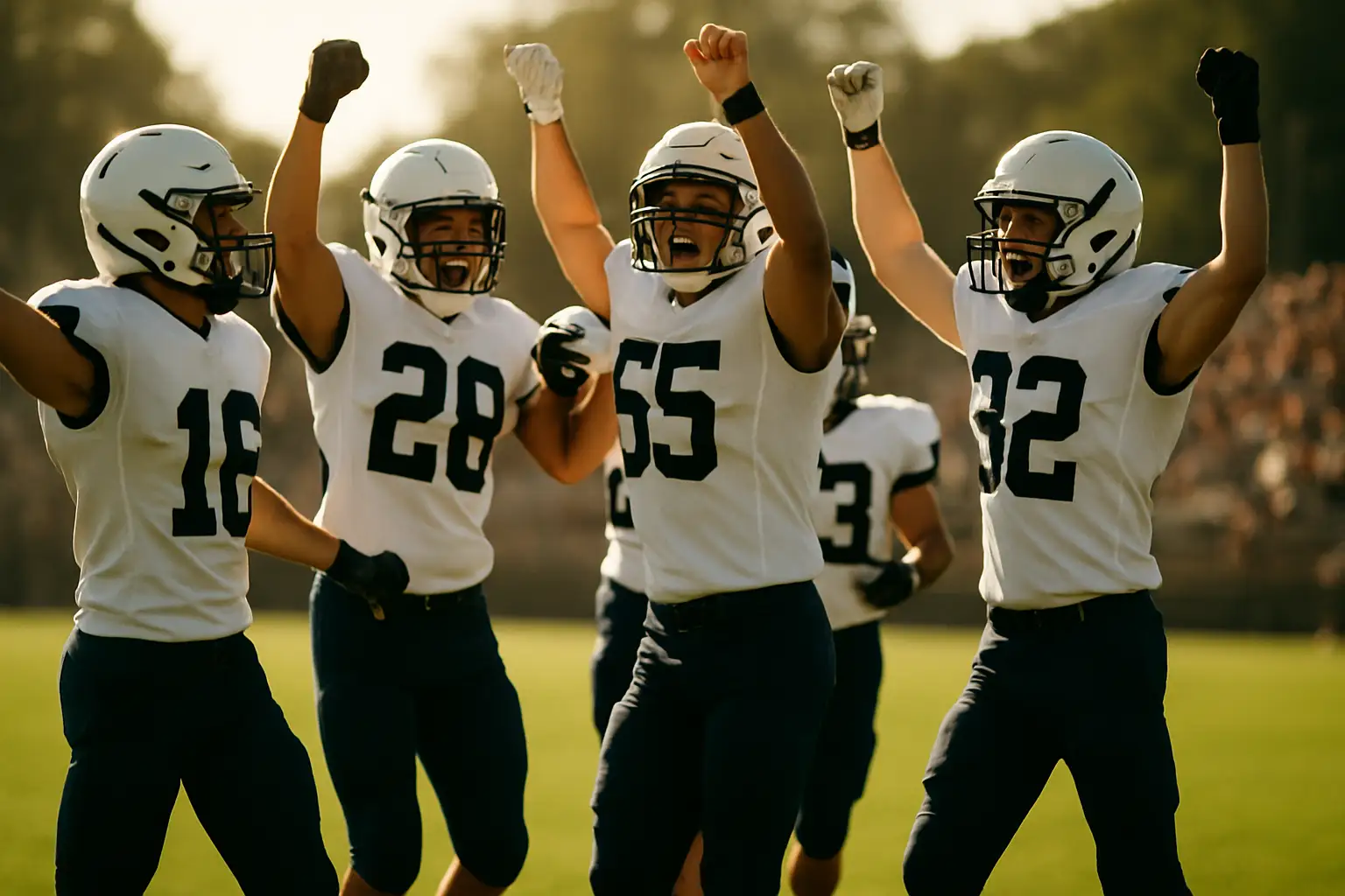 High school football players celebrating on a field after a big win