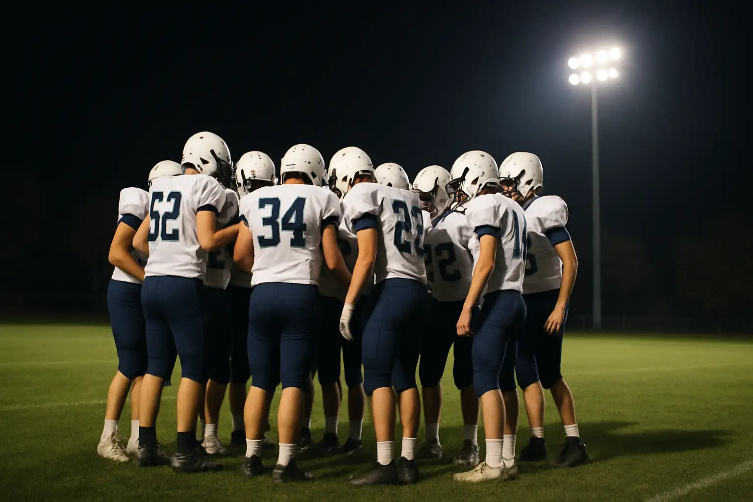 High school football players huddling on a field during a fall evening game