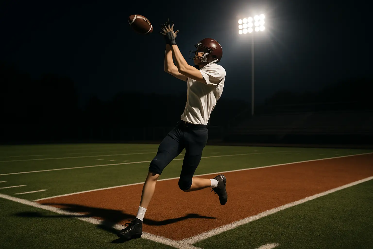A high school tight end prospect catching a pass during a football practice under stadium lights