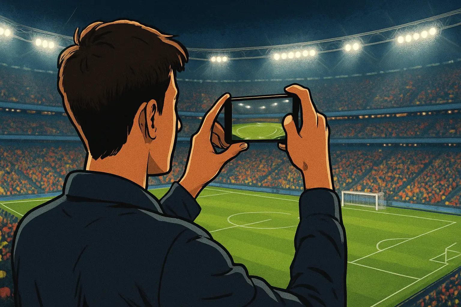 A content creator filming football action on a smartphone inside a large stadium