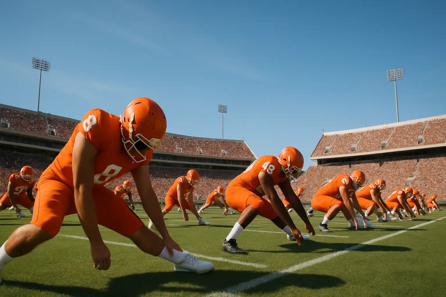 Clemson football players in orange uniforms preparing for practice on a college field