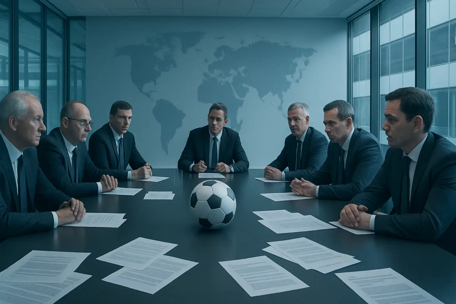 Football club officials and executives in a tense meeting room discussion about tournament participation