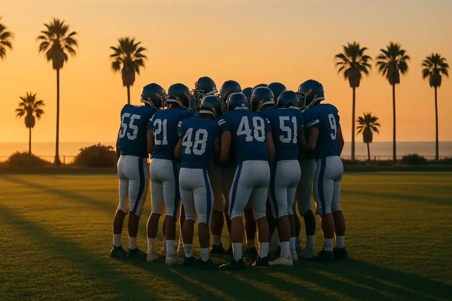 High school football players in blue and white uniforms huddling on a field at dusk near a coastal town