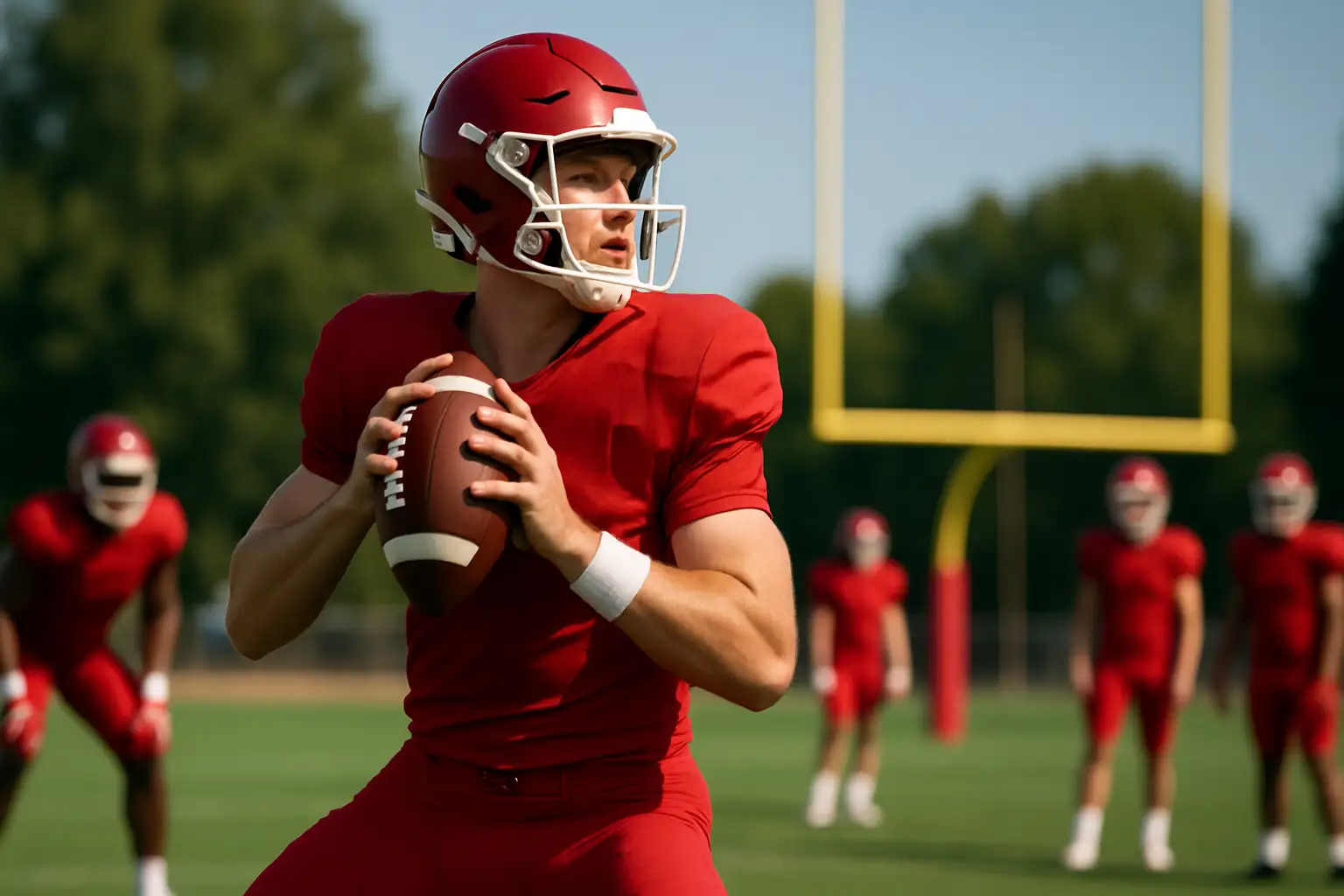 Utah Utes quarterback preparing to throw during a college football practice session