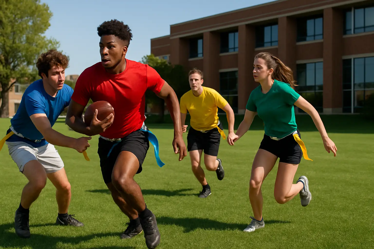 College flag football players competing on a grass field during a daytime game