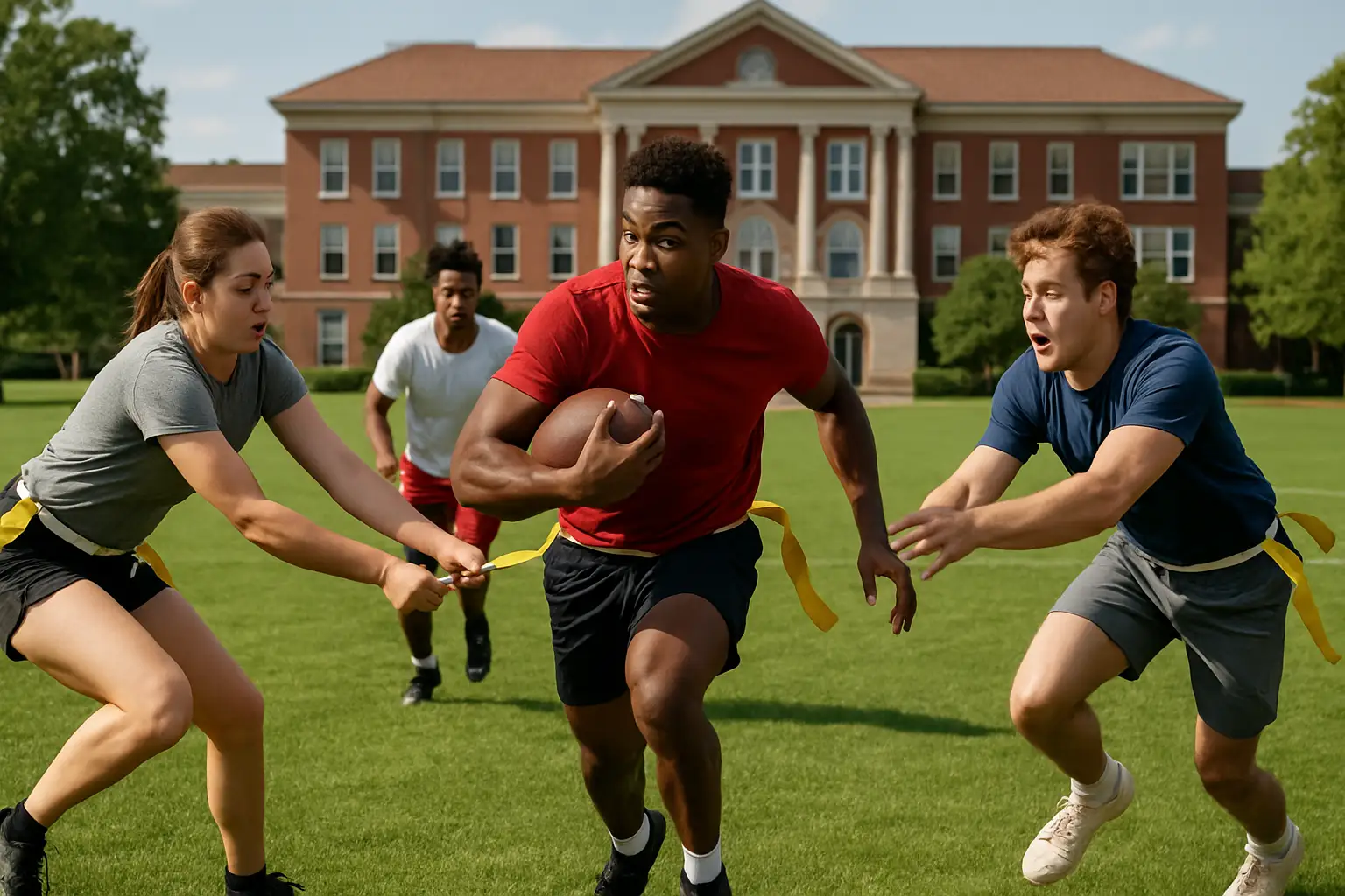 College students playing flag football on a sunny campus field