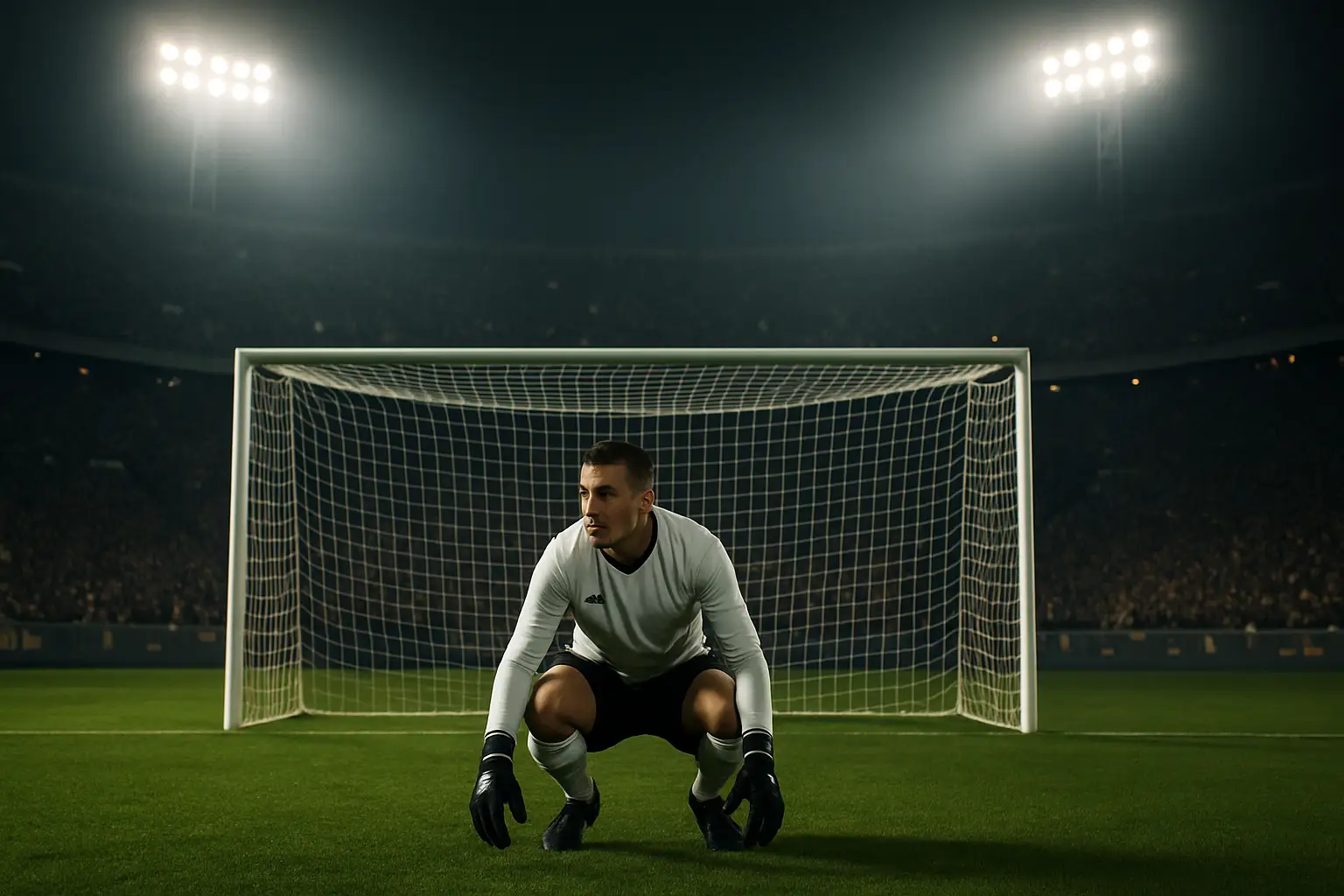A goalkeeper in a white and black kit making a save during a South American football match