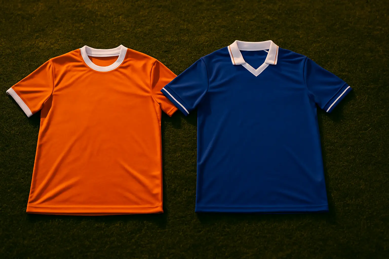 Two football jerseys representing Colombia and Portugal laid side by side on a green pitch