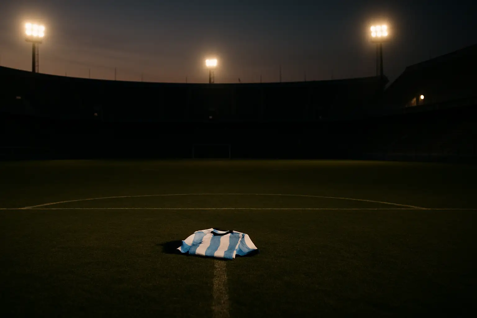 Empty football pitch at dusk with a single jersey laid on the grass in tribute