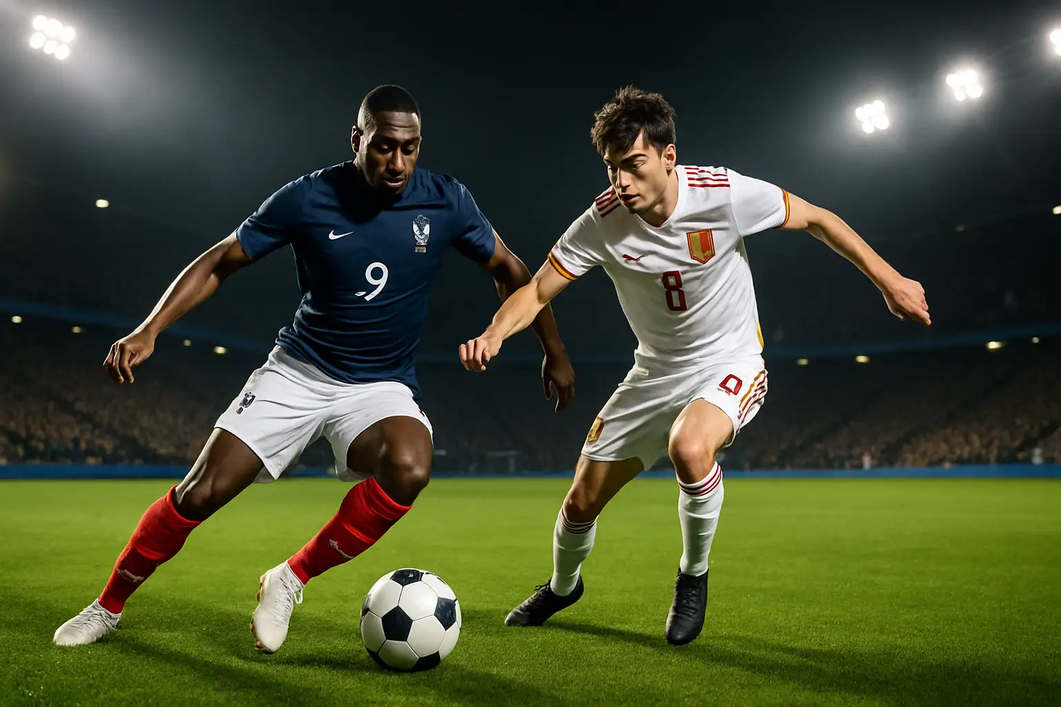 Australian and Brazilian football players competing for the ball on an international pitch