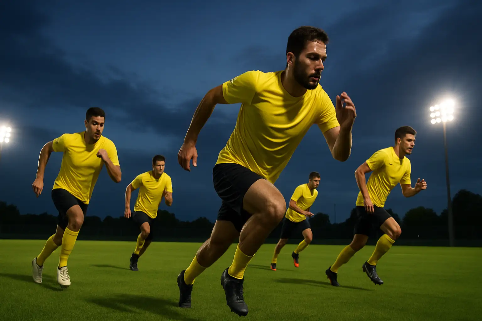Australian Socceroos players in yellow training gear preparing on a football pitch