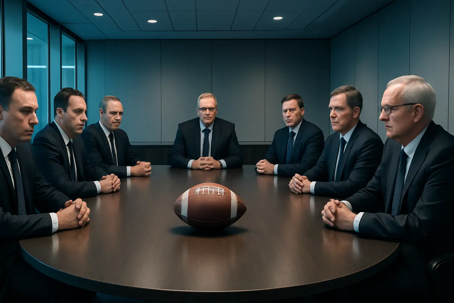 Football officials in suits seated around a conference table in a modern meeting room