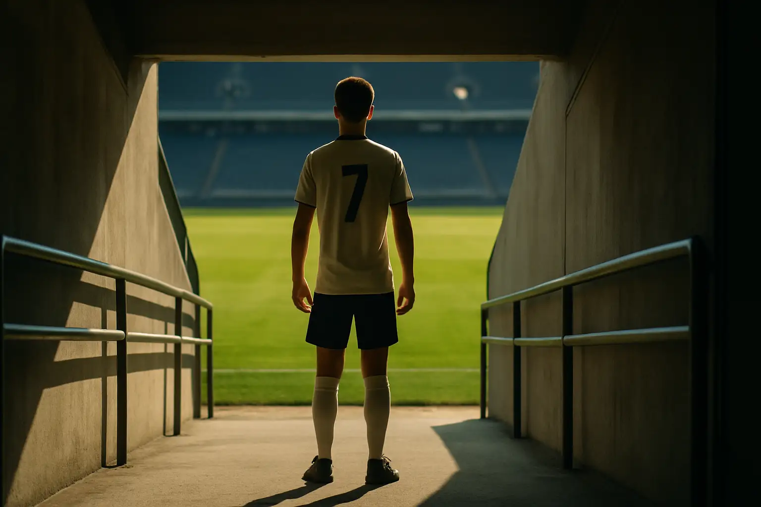 A young football player looking out at an empty stadium pitch from the tunnel entrance