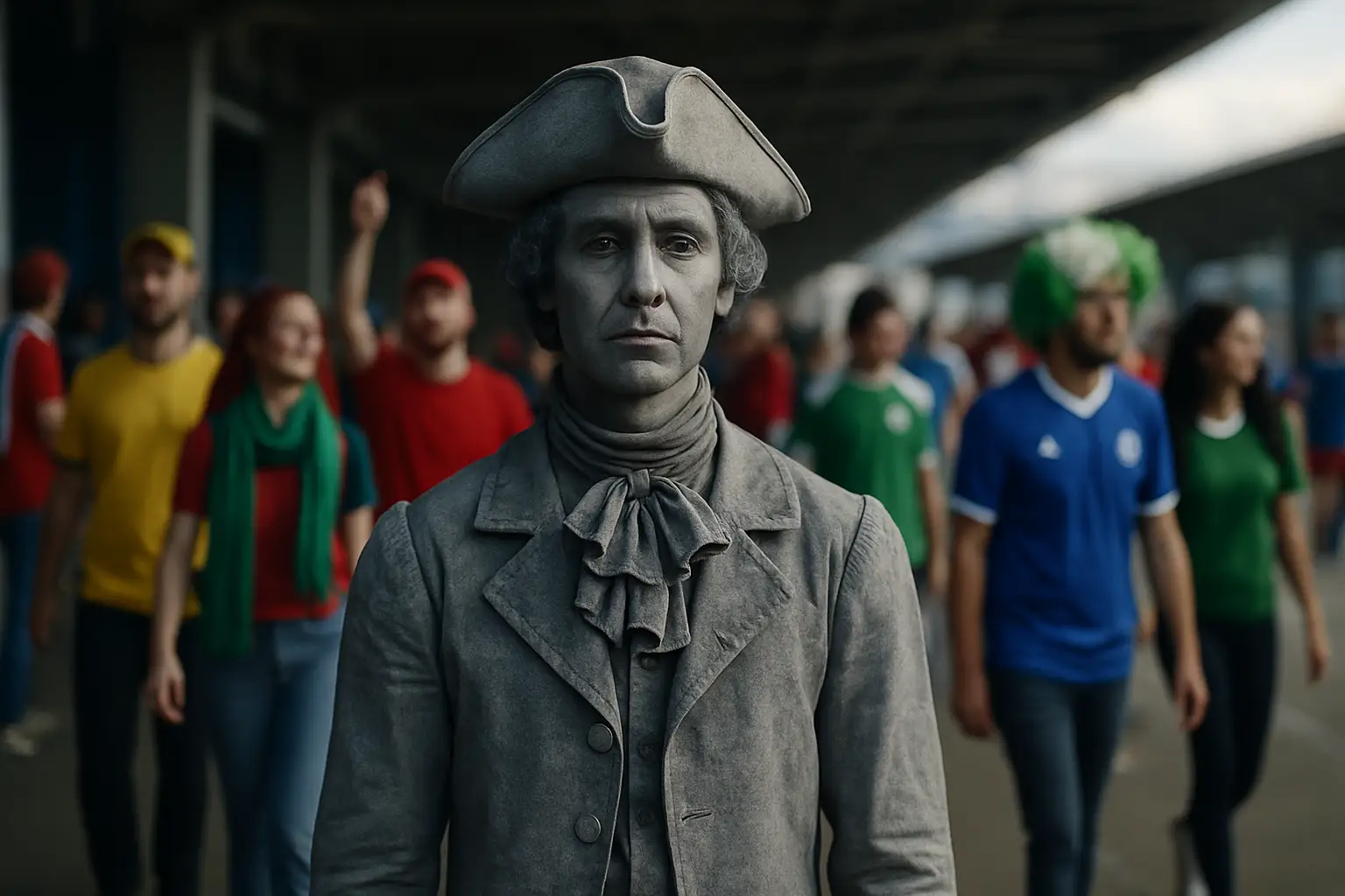 A living statue performer in elaborate costume standing motionless inside a football stadium surrounded by fans