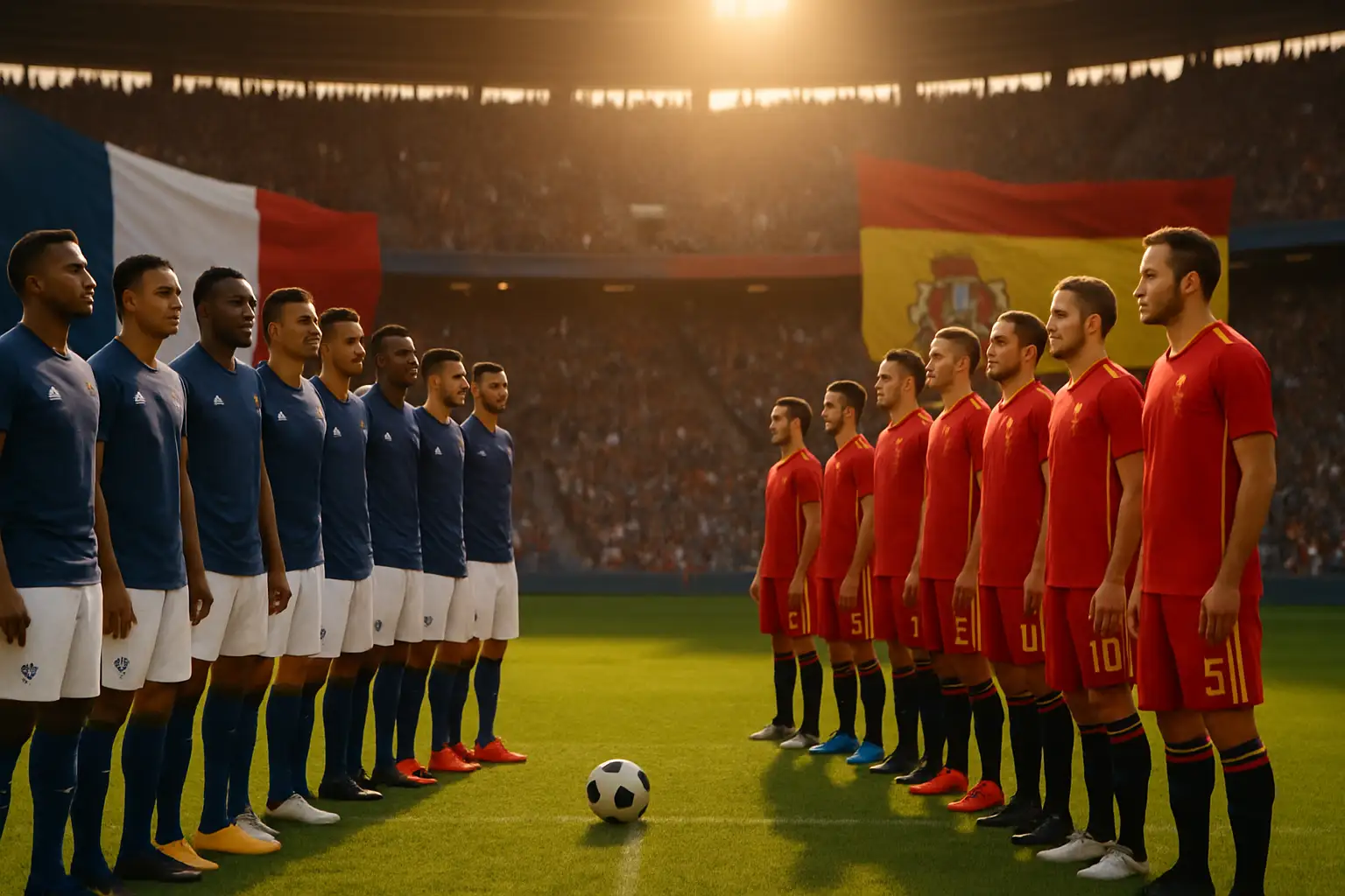Football players from two national teams walking onto a pitch before a World Cup match