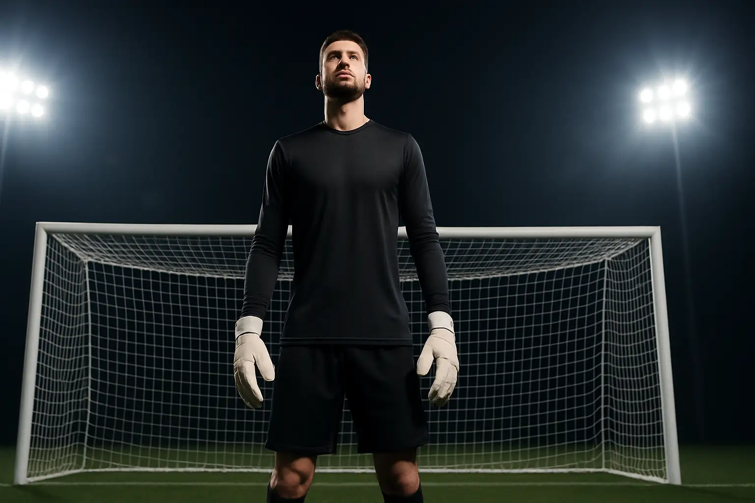 A goalkeeper standing in front of a net under stadium floodlights