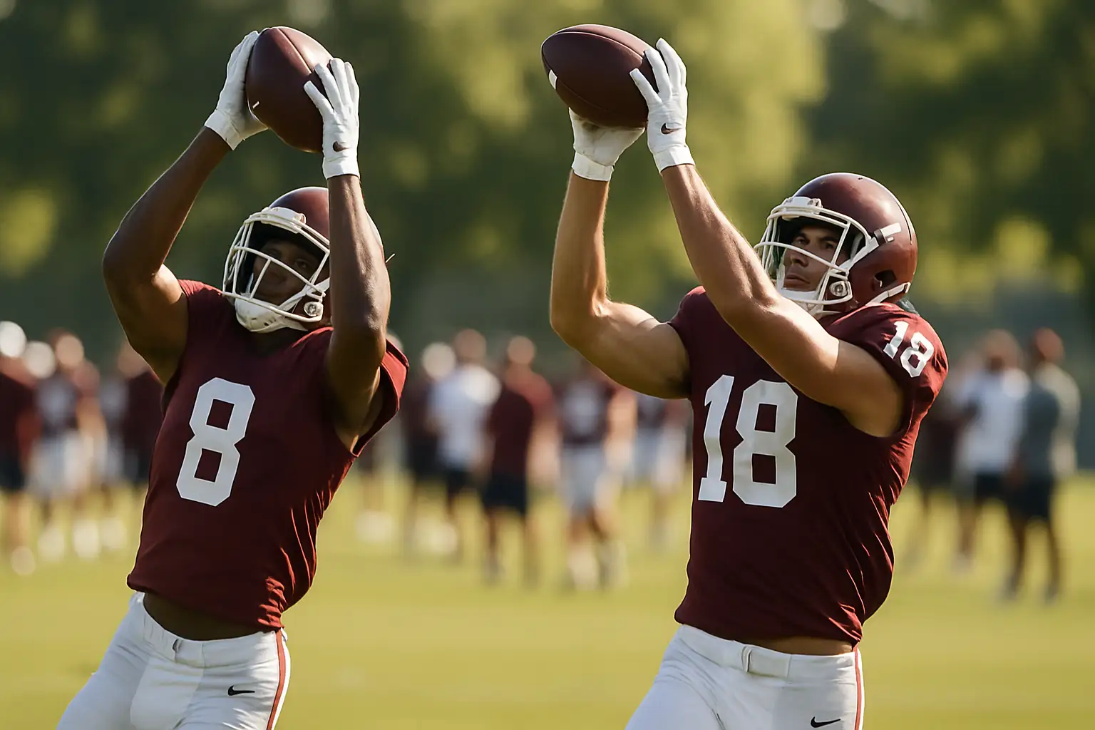 Texas A&M football players warming up on the field during preseason practice