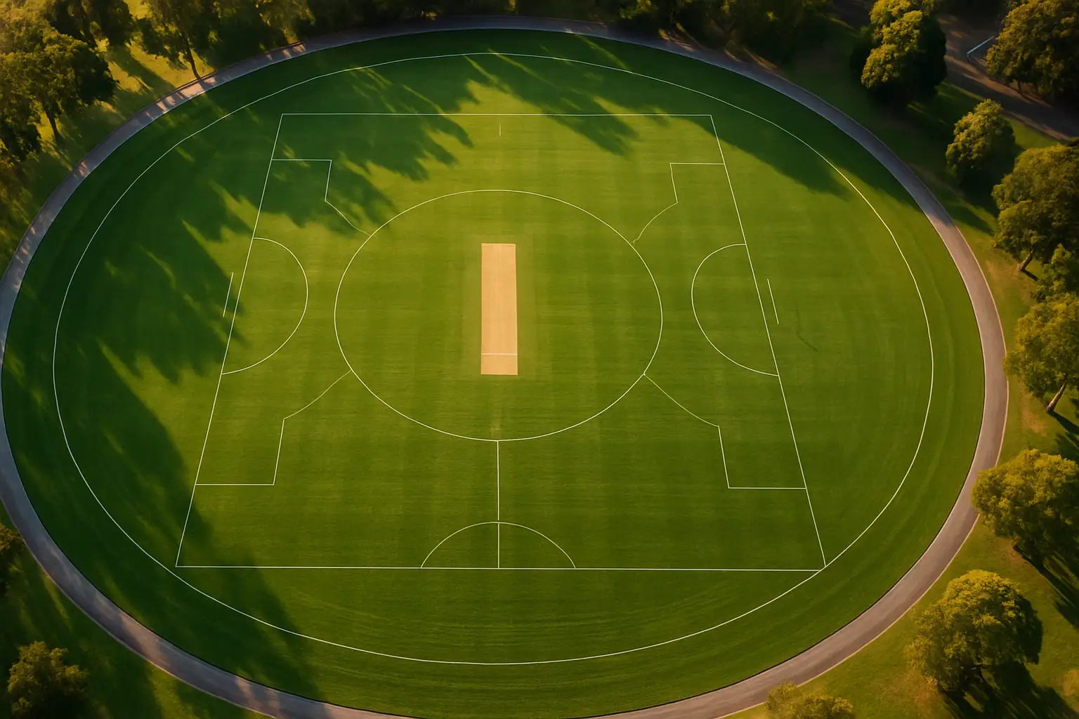 A shared community oval showing a cricket pitch embedded in the centre of a football ground
