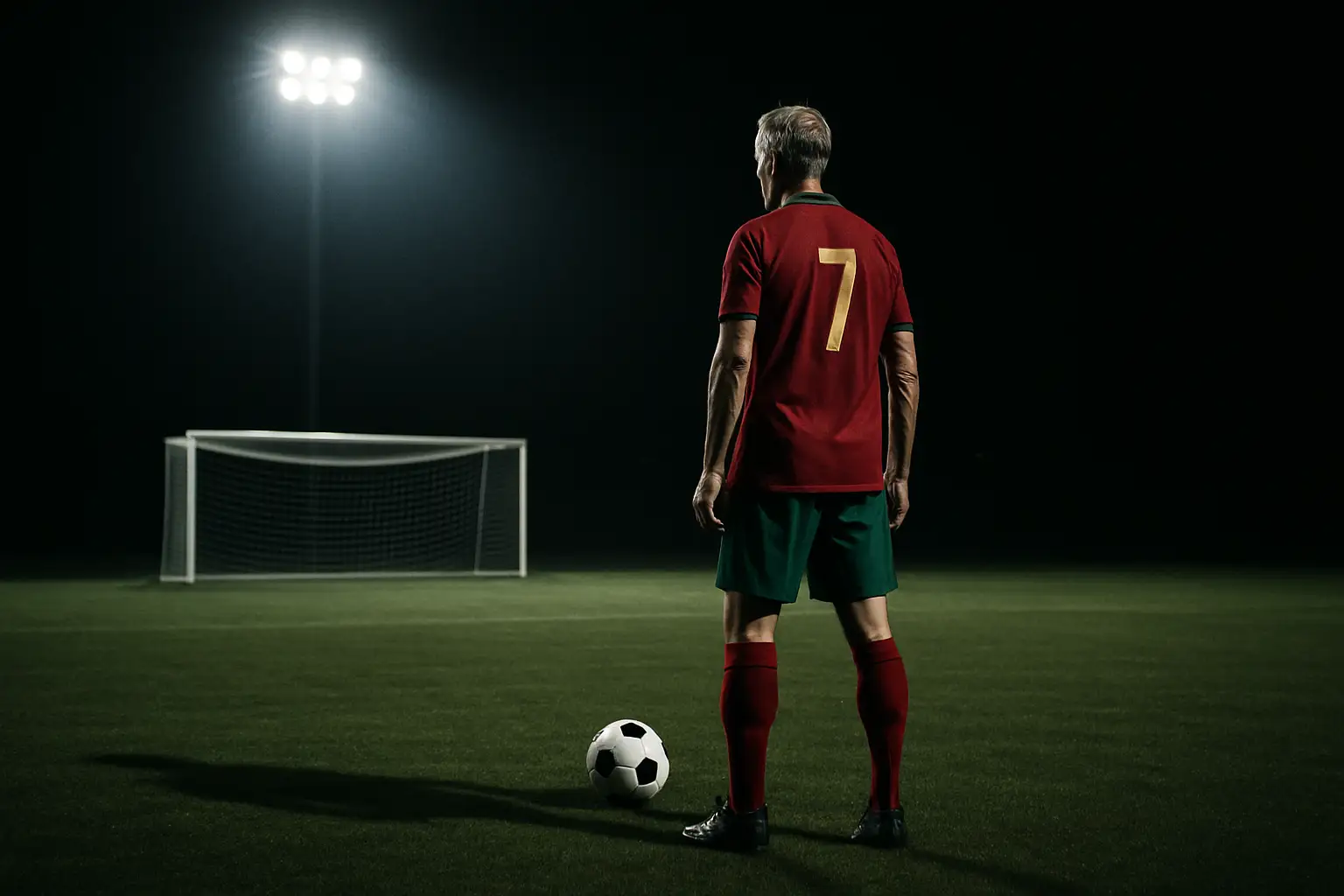 A football player in national team colors preparing to take a free kick in a packed stadium at night