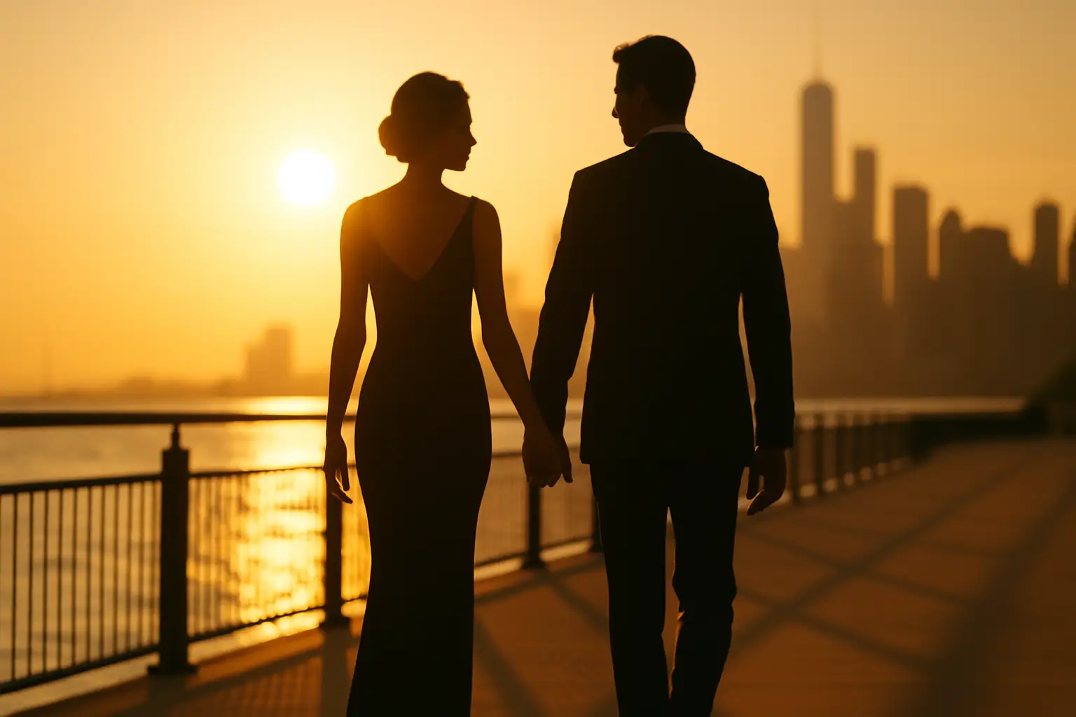 A couple walking together on a sunny evening, silhouetted against a warm sky, dressed elegantly